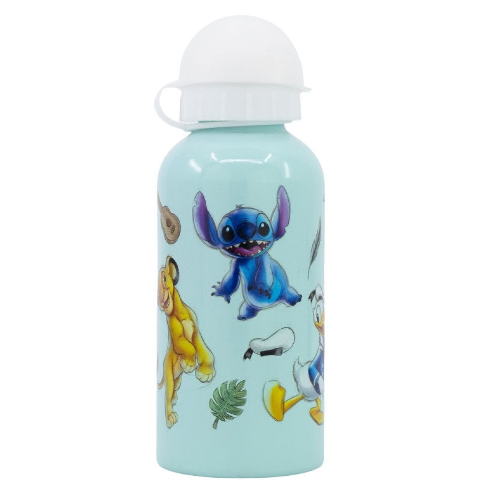 Hellblaue Trinkflasche mit Disney-Figuren: Stitch, Simba und Donald Duck. Weißer Deckel. Aluminium-Trinkflasche.