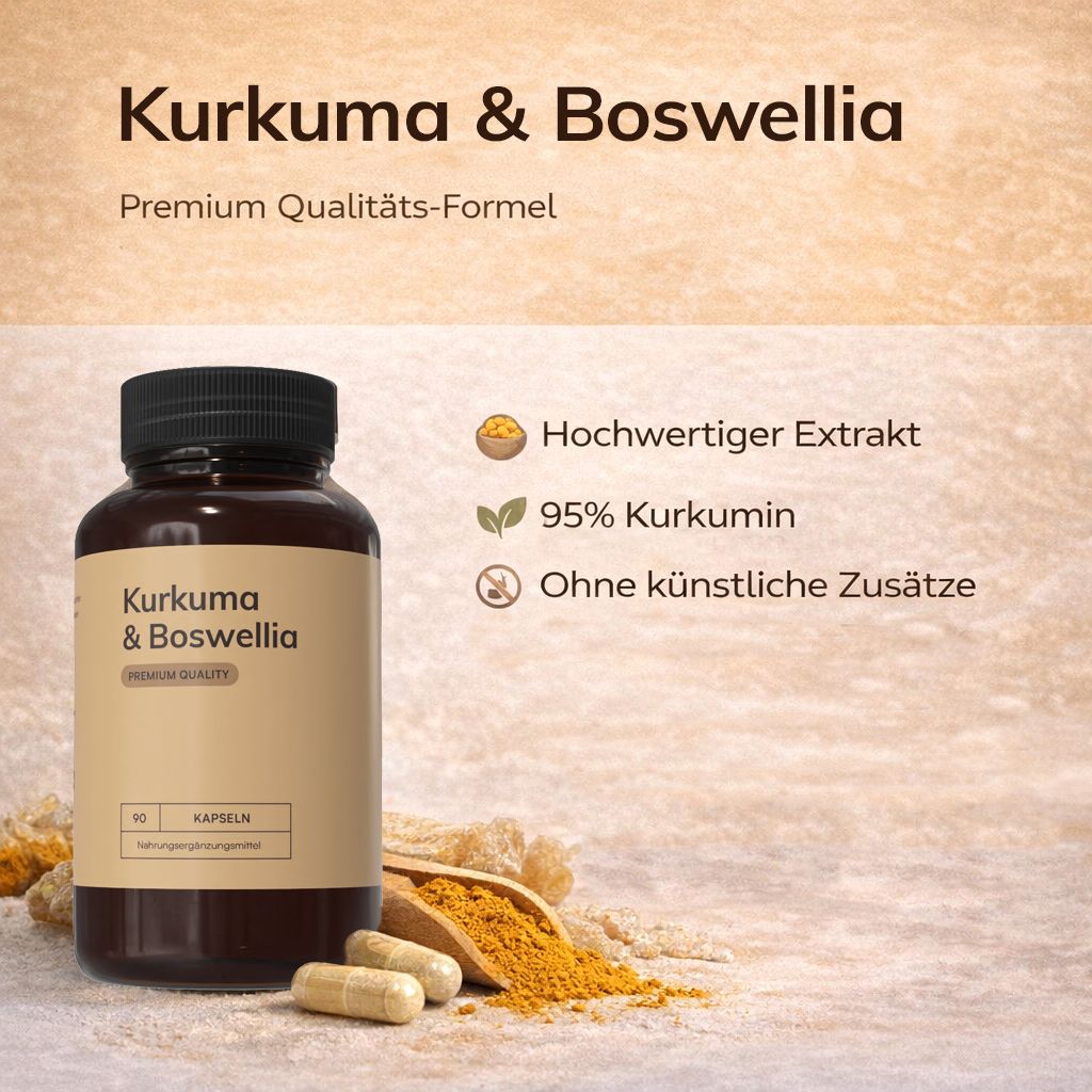 Braune Flasche mit Kapseln. Aufschrift: Kurkuma & Boswellia. Daneben Kurkuma-Pulver und Kapseln auf einem Löffel.