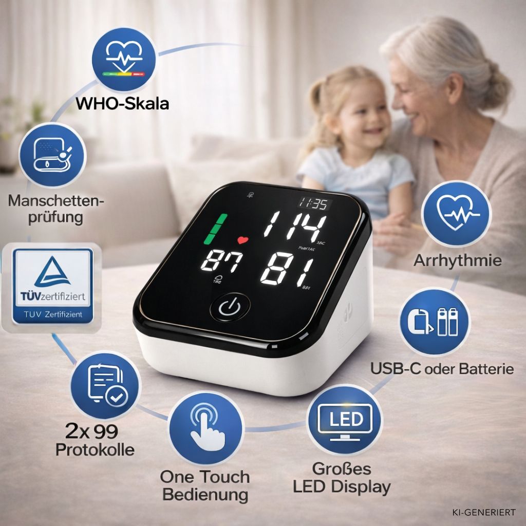 Blutdruckmessgerät mit LED-Display, Manschettenprüfung, WHO-Skala, Arrhythmie-Erkennung, USB-C/Batteriebetrieb, 2x99 Protokolle, One Touch Bedienung, TÜV Zertifiziert.