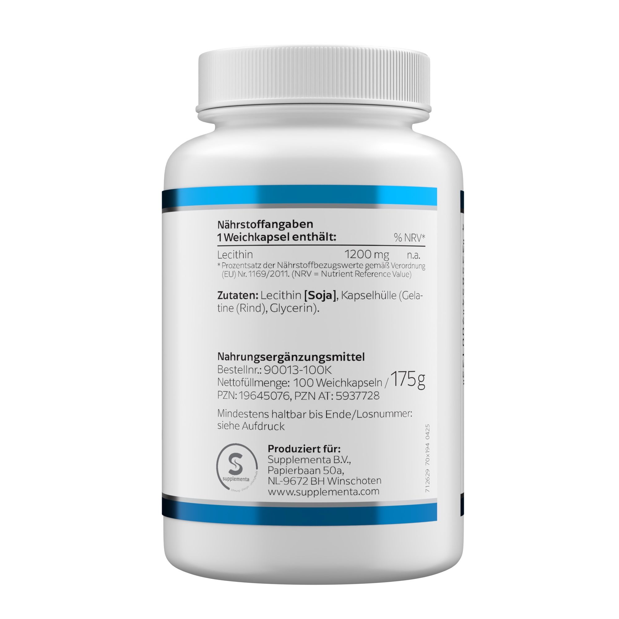 Rückseite einer weißen Flasche. Aufschrift: Nährstoffangaben, 1 Weichkapsel enthält: Lecithin 1200 mg. Zutaten: Lecithin [Soja], Kapselhülle (Rind, Glycerin).