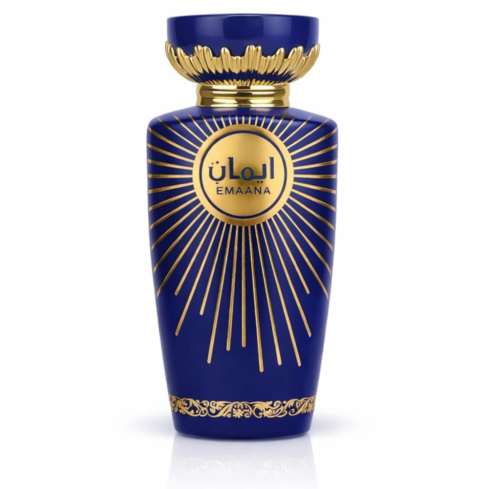 Blaue Parfumflasche mit goldenem Logo und Schriftzug. Aufschrift: Emaana. Goldfarbener Verschluss.