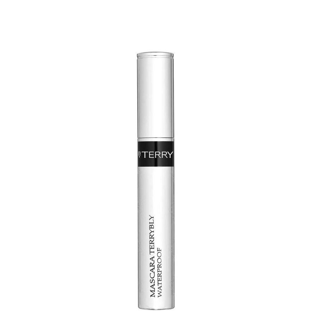 By Terry Mascara. Silberfarbener Mascarabehälter mit schwarzem Schriftzug. Deckel transparent.