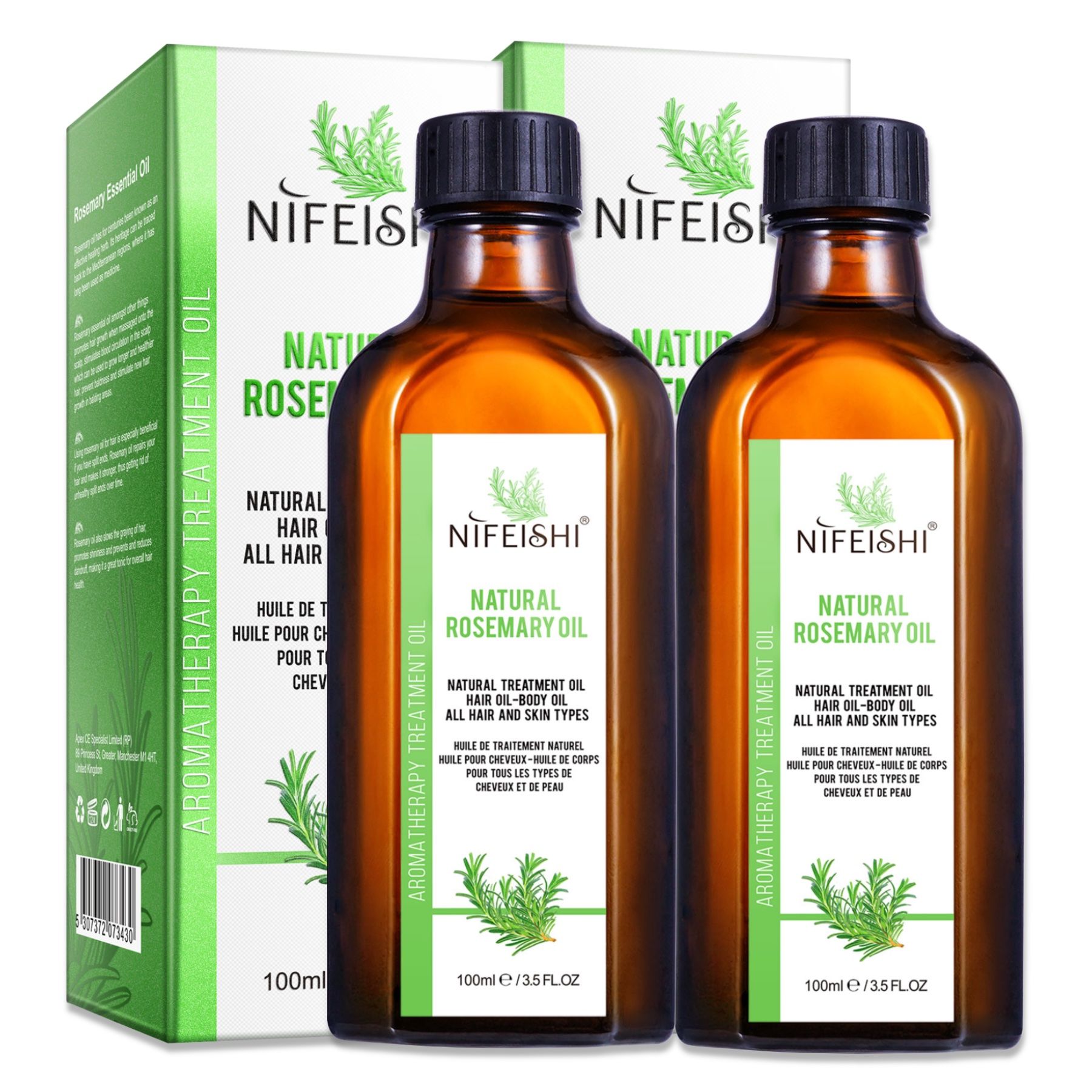 Zwei Flaschen Öl in Verpackung. Text: Natural Rosemary Oil.