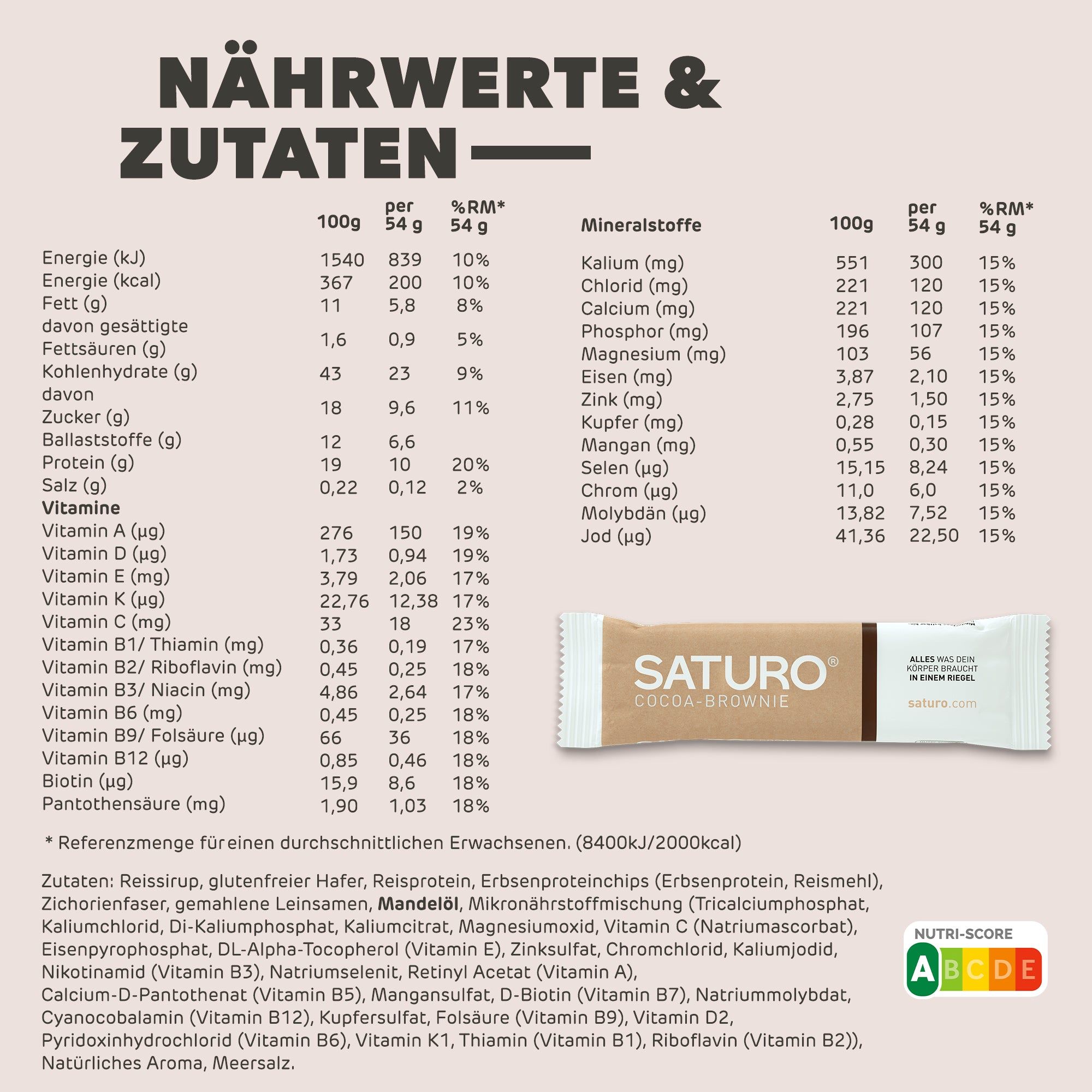 Saturo Energieriegel | Cocoa-Brownie | alle 26 Vitamine & Mineralstoffe, reich an Protein | vegan