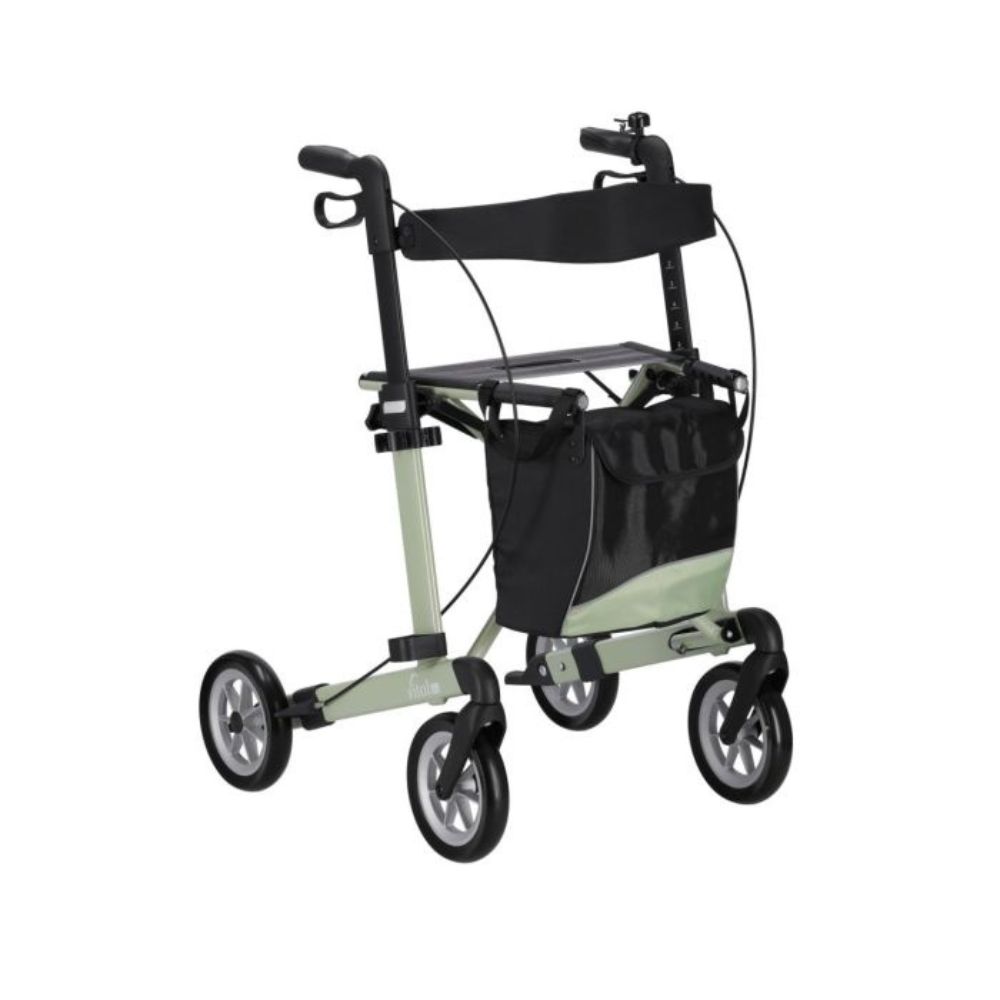 Rollator mit vier Rädern, Sitzfläche, Rückenlehne und Einkaufstasche. Hellgrüner Rahmen, schwarze und graue Elemente.