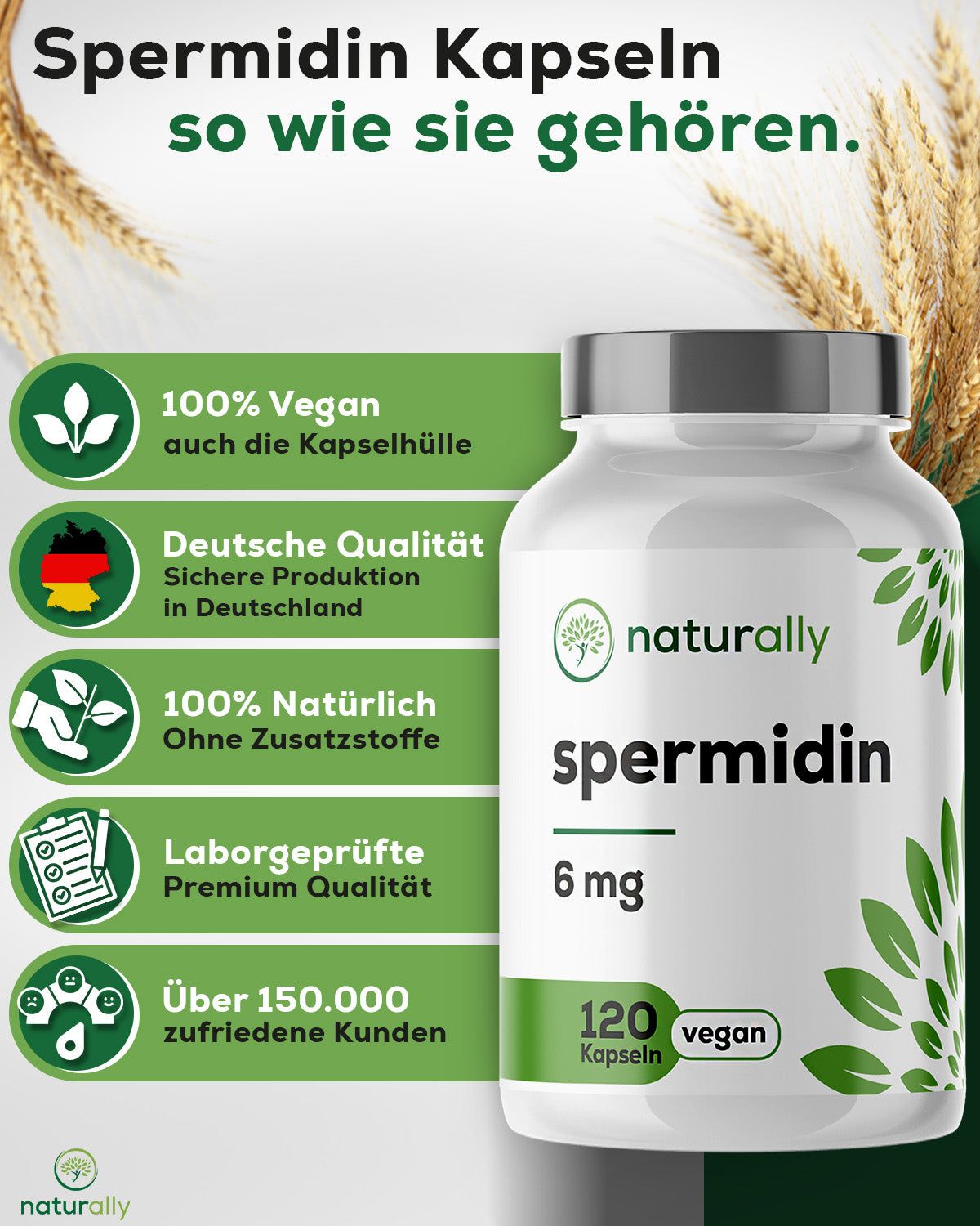 Weiße Flasche mit Kapseln. Aufschrift: naturally spermidin 6 mg, 120 Kapseln, vegan. Grün-weiße Etiketten mit Produktinformationen.