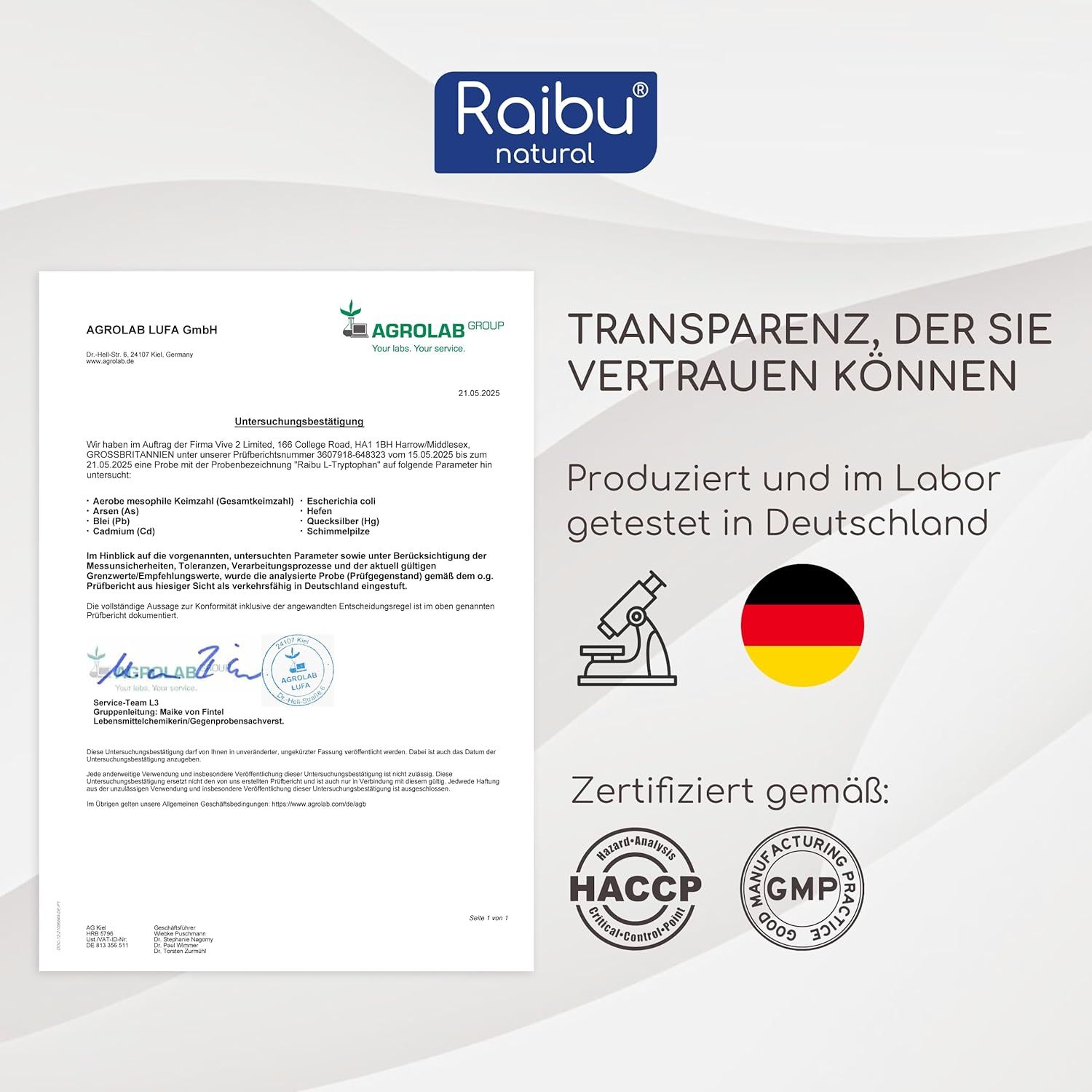 Zertifizierungsdokument. Text: Agrolab, Analyse von L-Tryptophan. Zertifiziert nach HACCP und GMP.