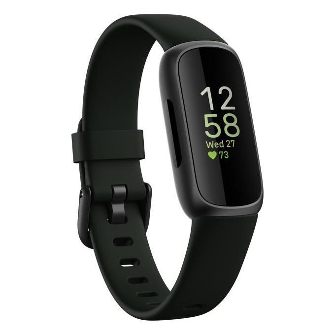 Schwarze Smartwatch mit grünem Display. Zeigt Uhrzeit, Datum und Herzfrequenz. Schwarzes Armband mit Schnalle.