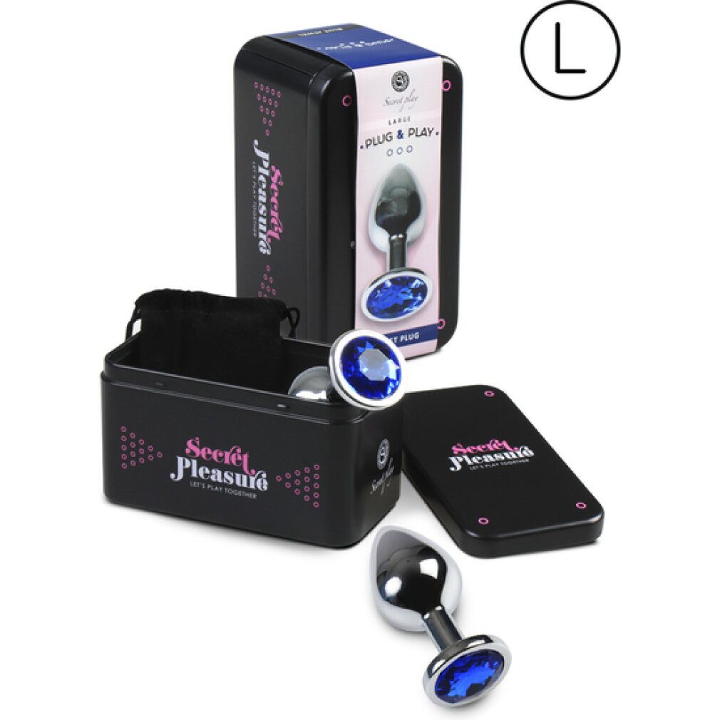 Analplug, Metall, mit blauem Schmuckstein. In schwarzer Dose mit Produktname und Logo. Inklusive Aufbewahrungsbeutel.