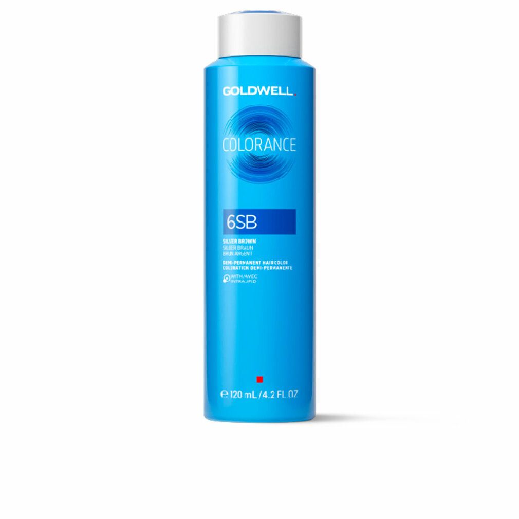 Flasche COLORANCE demi-permanente Haarfarbe. Blau, weißer Deckel. Aufschrift: GOLDWELL, COLORANCE, 6SB. Roter Punkt unten.