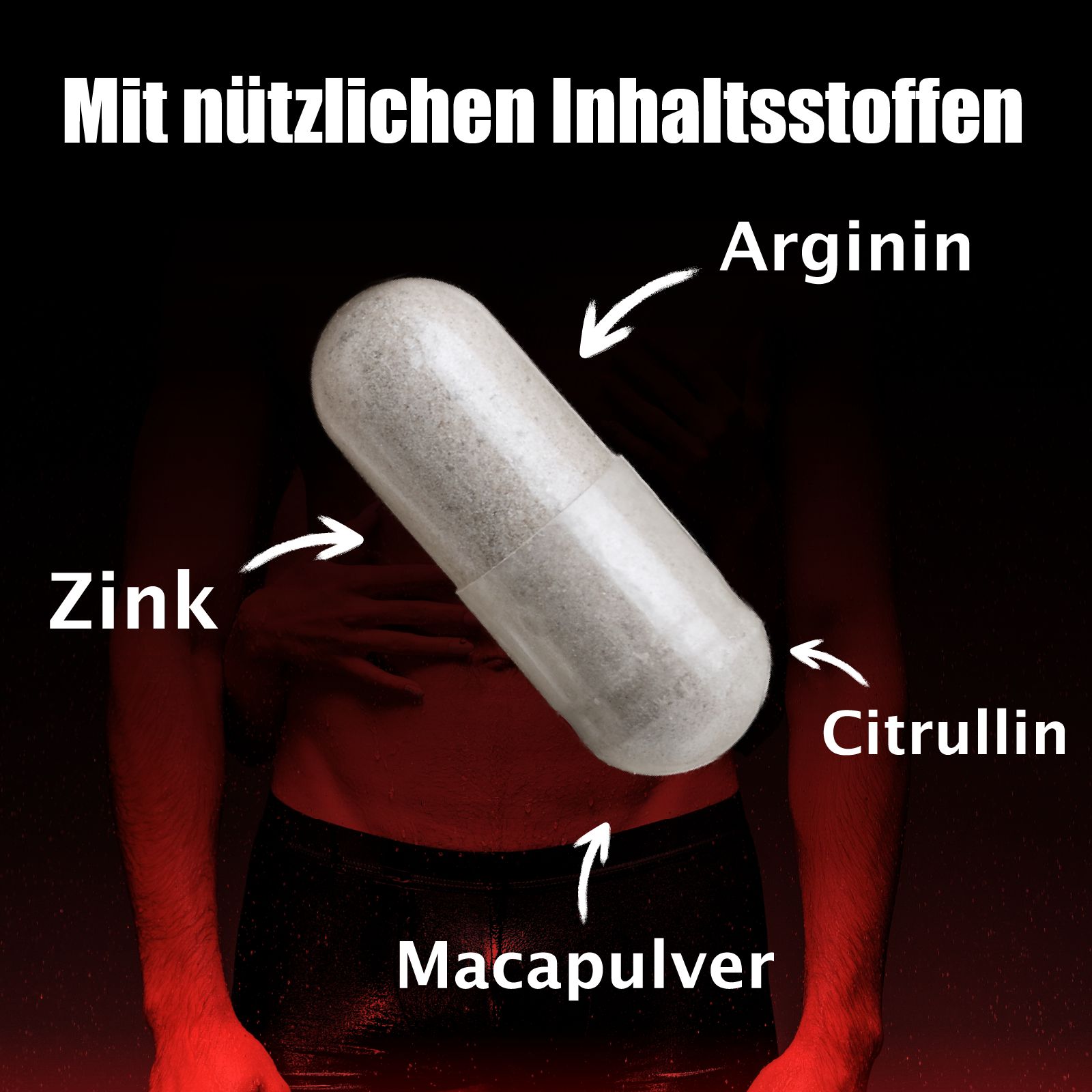 Kapsel mit Inhaltsstoff-Kennzeichnungen: Arginin, Zink, Citrullin, Macapulver. Hintergrund: roter Farbverlauf.
