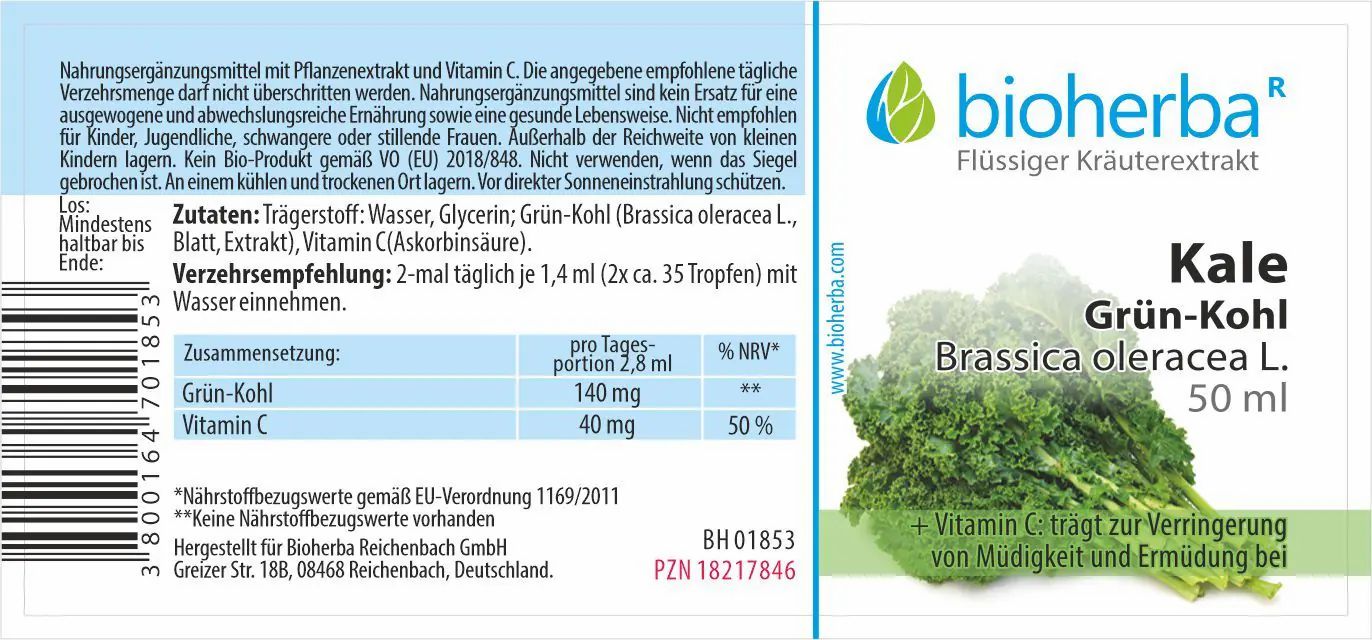 Etikett mit Produktinformationen. Enthält Logo, Produktnamen, Inhaltsstoffe und Nährwertangaben. Text: Bioherba, Kale Grün-Kohl, 50 ml.