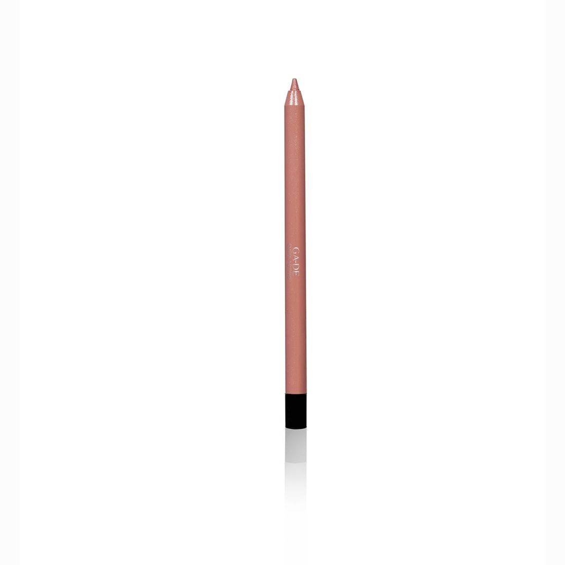 Lippenstift in Rosa. Aufschrift: GA-DE. Schwarze Spitze. Auf weißem Hintergrund.