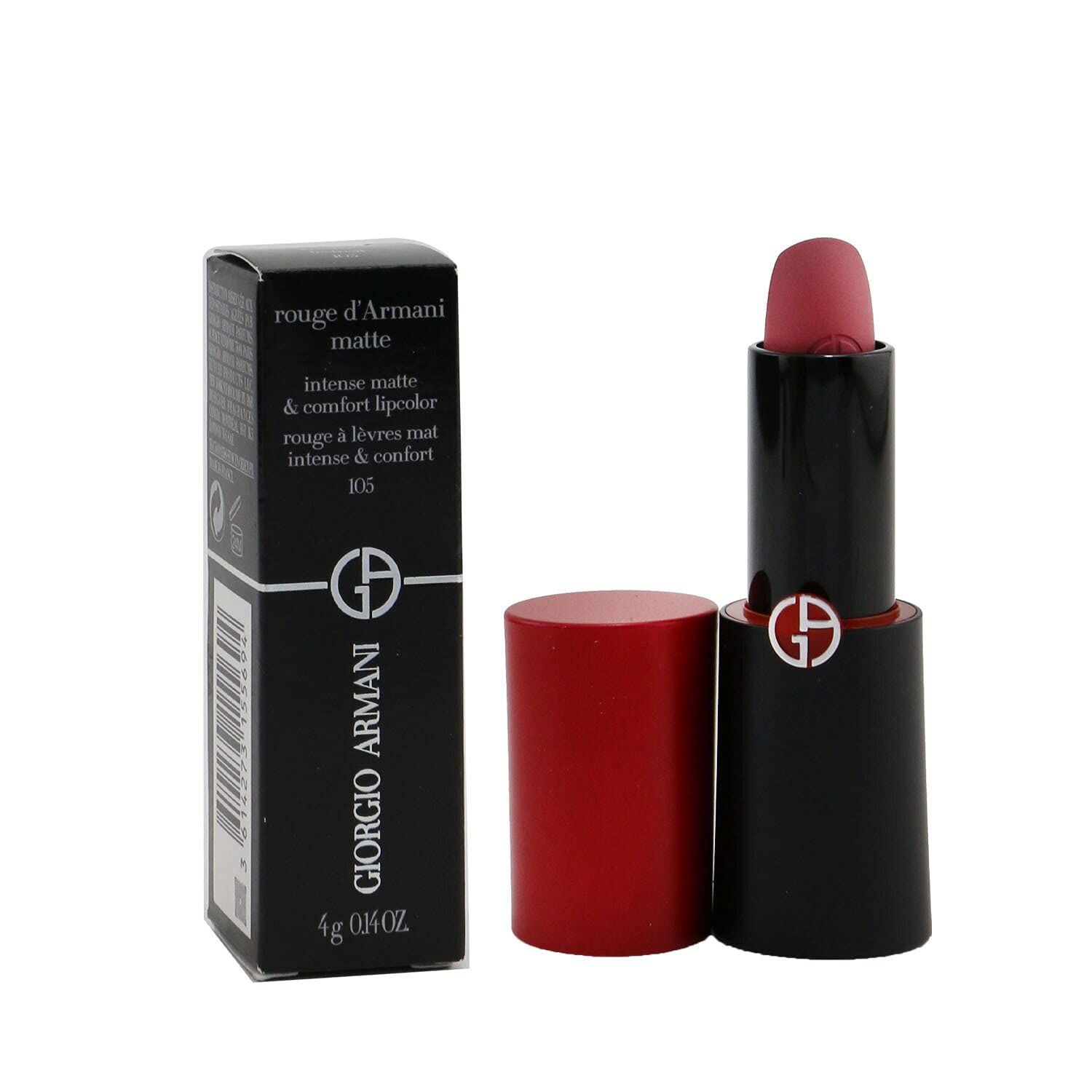 Lippenstift mit schwarzem Gehäuse, roter Kappe und Verpackung. Logo und Produktinformationen sichtbar.