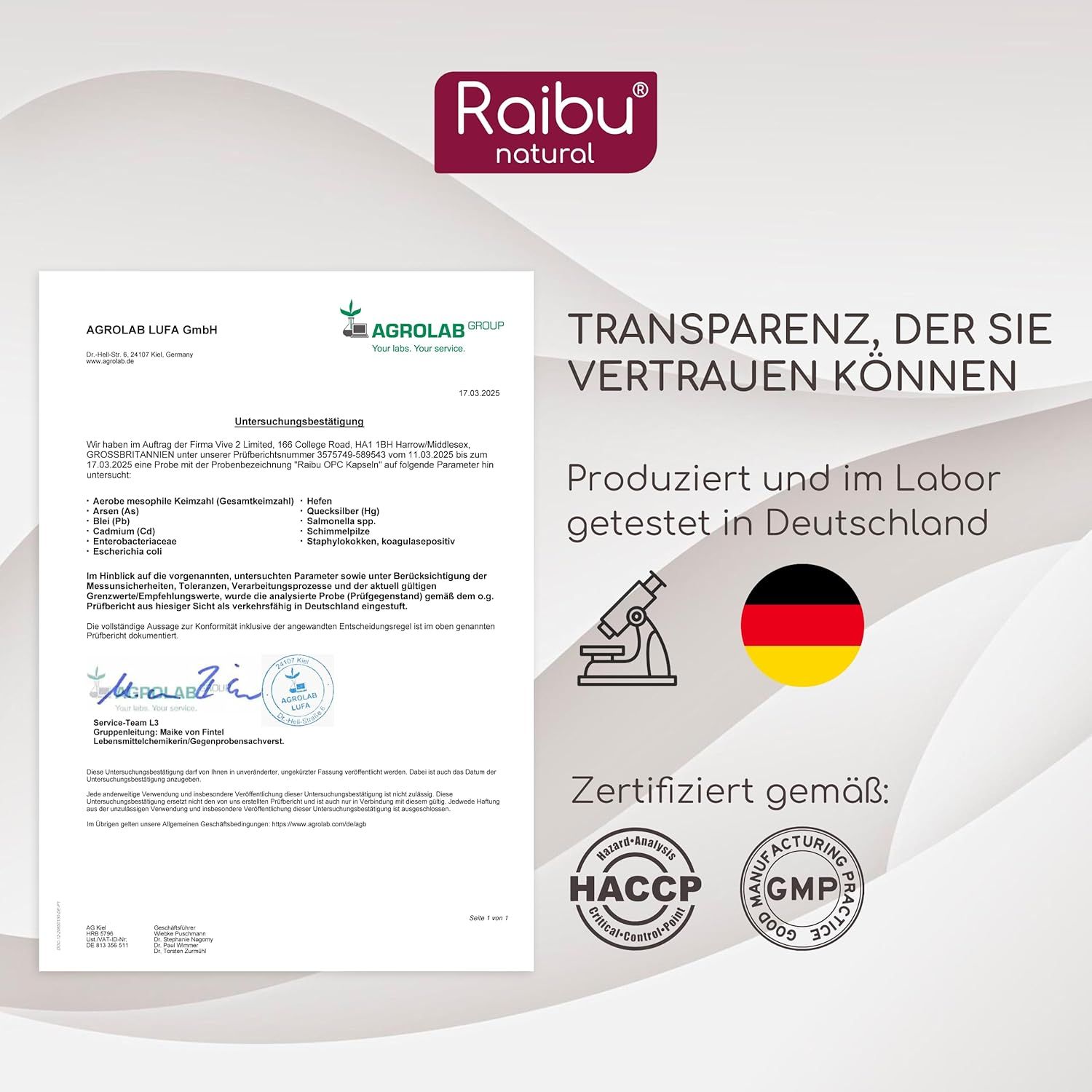 Zertifizierungsdokumente. Text: Produziert und im Labor getestet in Deutschland. Zertifiziert gemäß: HACCP, GMP.
