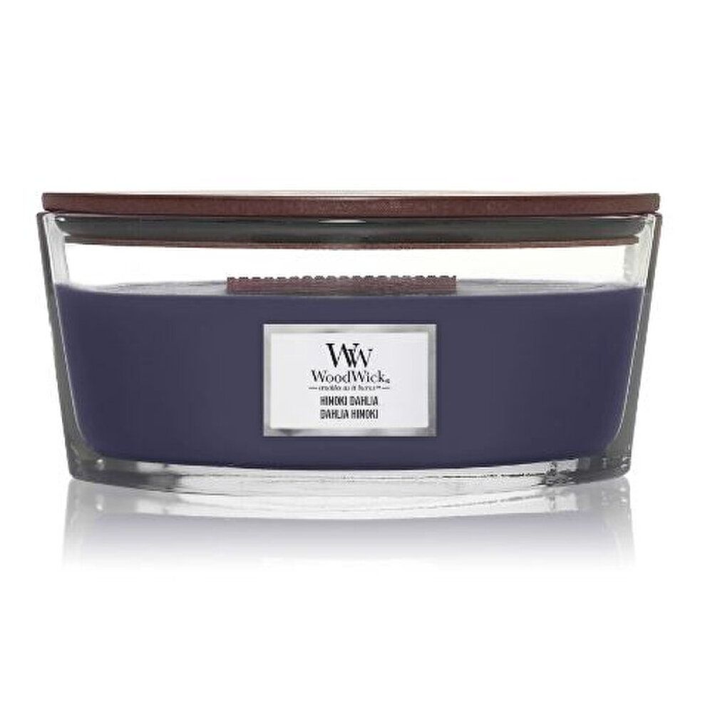 Kerze mit Holzdeckel. Violettes Wachs in Glasbehälter. Label mit Logo und Produktbezeichnung.