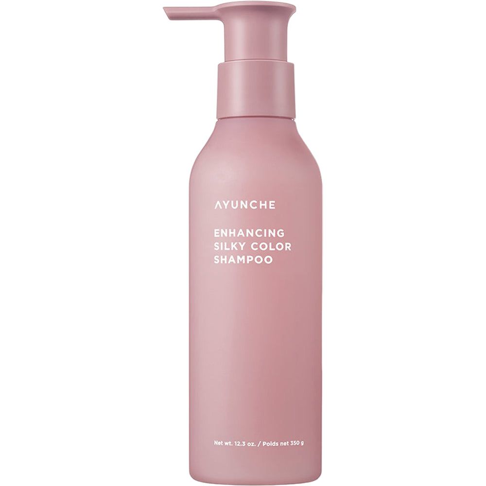 AYUNCHE Enhancing Silky Color Shampoo in einem matten, rosafarbenen Pumpspender.