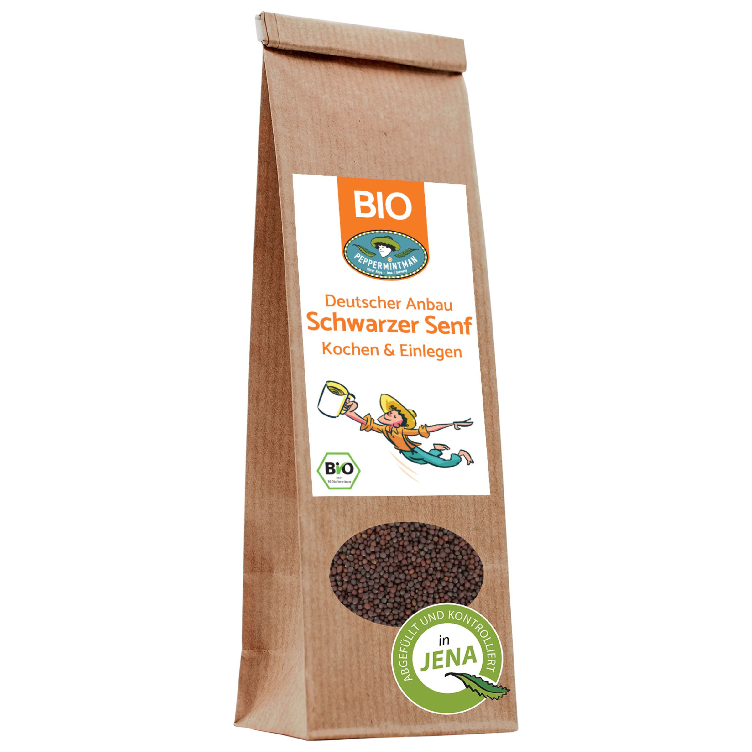 Braune Papiertüte mit Aufdruck. Enthält Schwarzer Senf. Label mit "BIO" und Logo. Text: "Deutscher Anbau Schwarzer Senf".