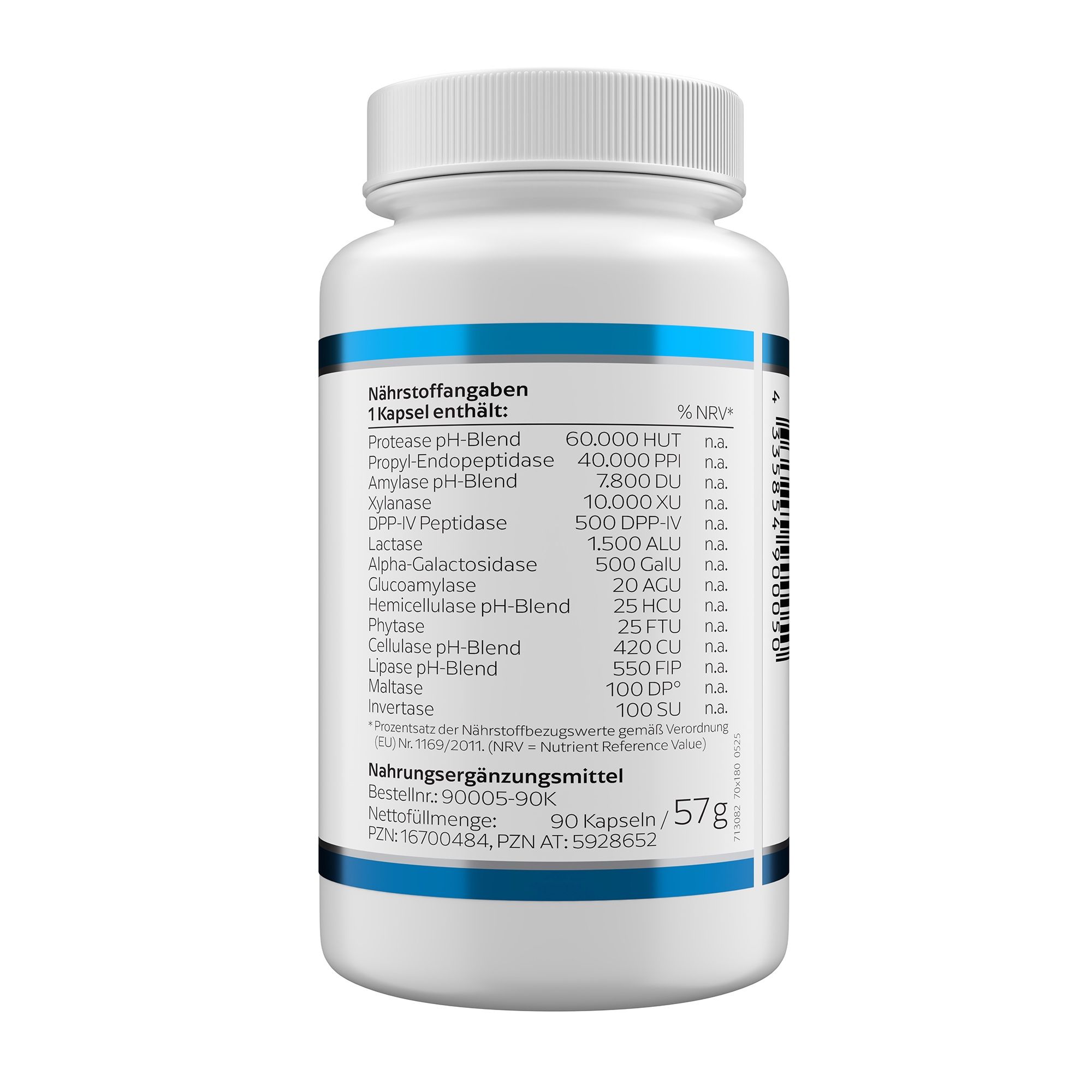 Rückseite einer weißen Flasche. Nährwertangaben. 90 Kapseln, 57g. Zutatenliste. Informationen zu Nährwerten und Inhaltsstoffen.
