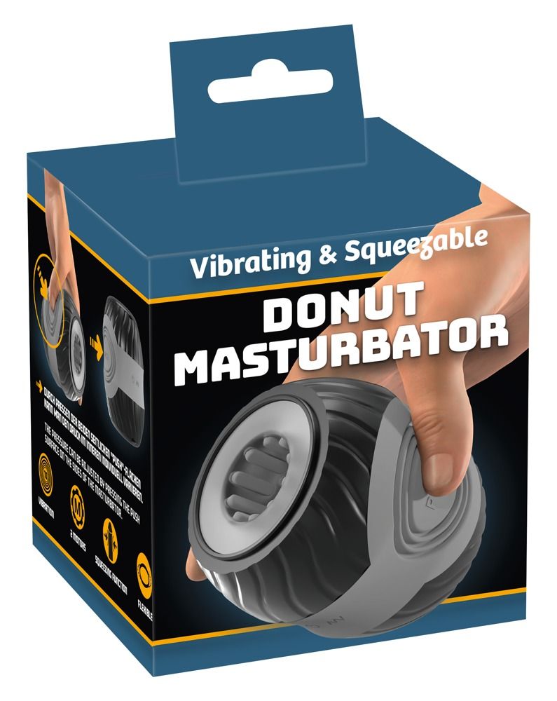 Verpackung mit Produktabbildung. Text: „Vibrating & Squeezable DONUT MASTURBATOR“. Produkt in Hand.