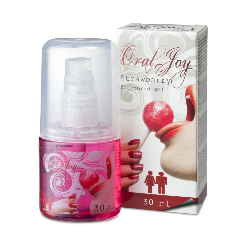 Oral Joy Erdbeer-Gel, 30ml Flasche mit Pumpspender und Verpackung.