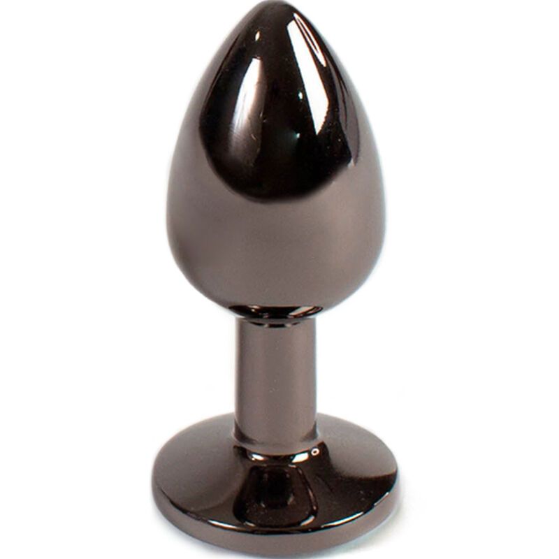 Gunmetal Butt Plug Kleine Größe. Metallfarben, tropfenförmig mit rundem Sockel. Hintergrund weiß.