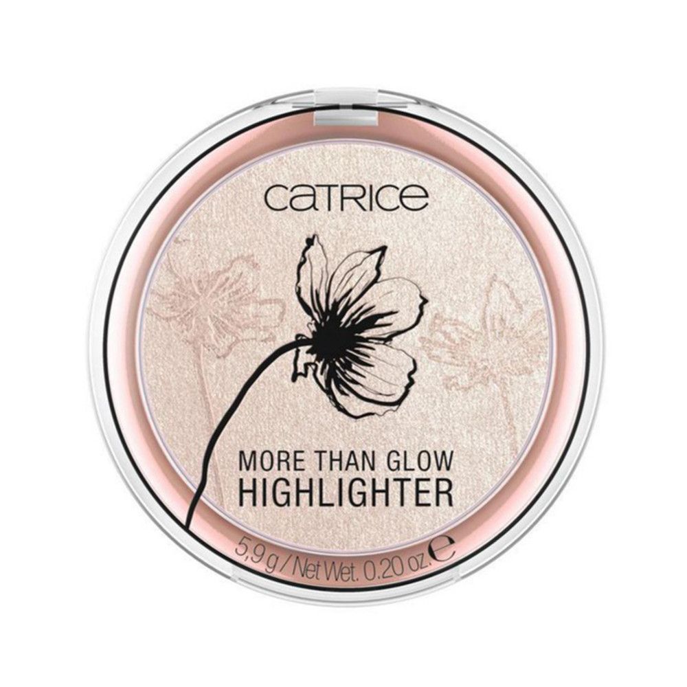 Catrice Highlighter. Rundes, transparentes Gehäuse mit rosa Rand. Aufschrift: MORE THAN GLOW HIGHLIGHTER. Blumenmuster auf dem Produkt.