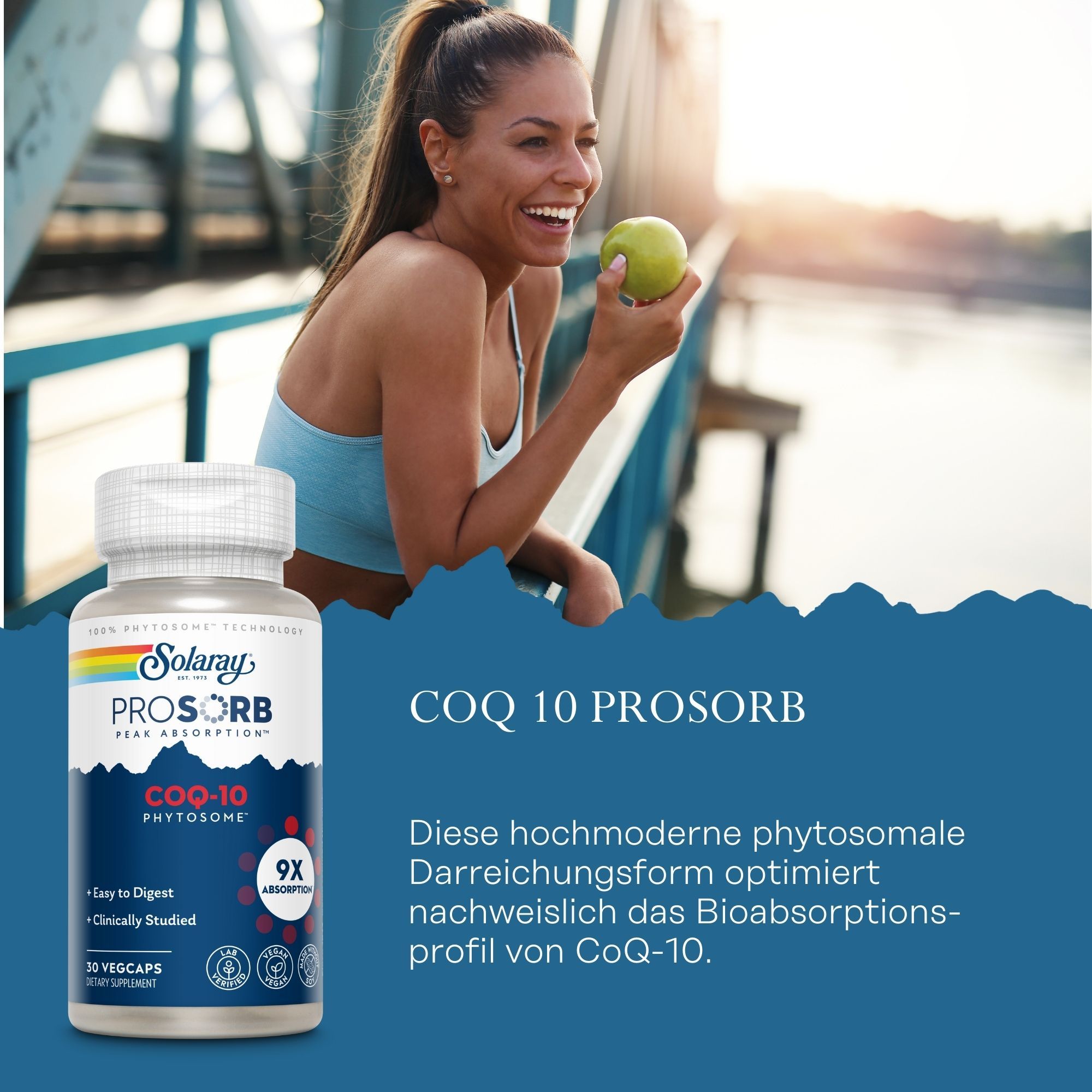 Solaray CoQ-10 ProSorb Flasche. Frau isst Apfel. Text: CoQ-10 ProSorb, 9X Absorption, leicht verdaulich, klinisch geprüft.