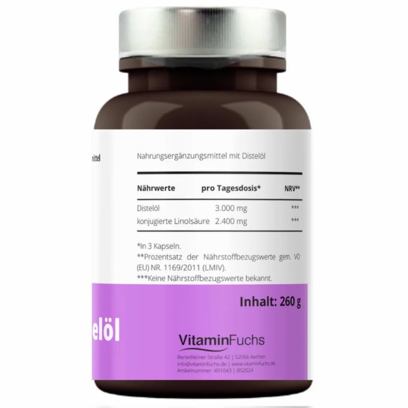 Braune Flasche mit weißem und lila Etikett. Aufschrift: CLA-Distelöl, VitaminFuchs. Nährwertangaben, 260g.
