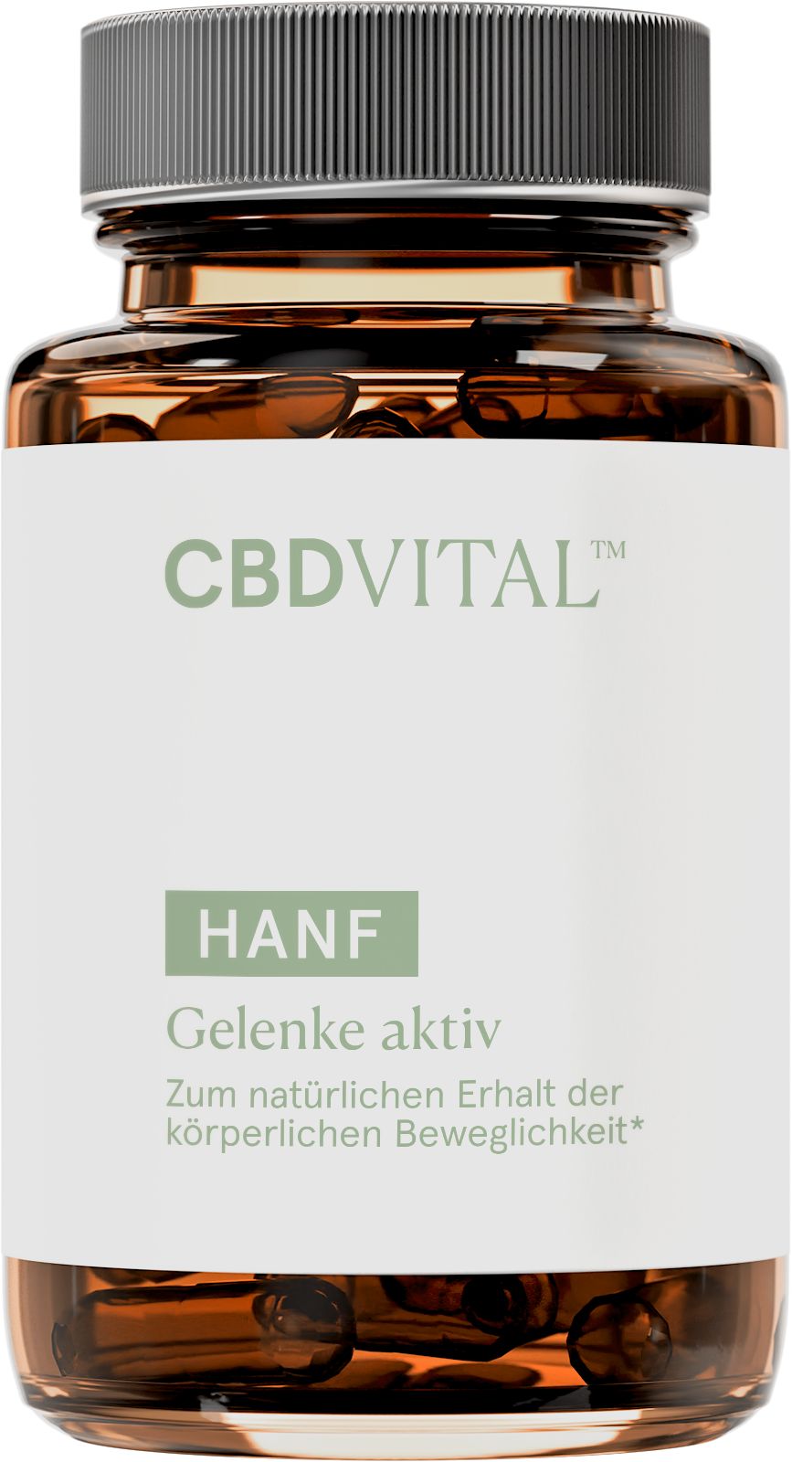 Braune Flasche mit Kapseln. Aufschrift: CBDVITAL HANF Gelenke aktiv. Enthält Kapseln.