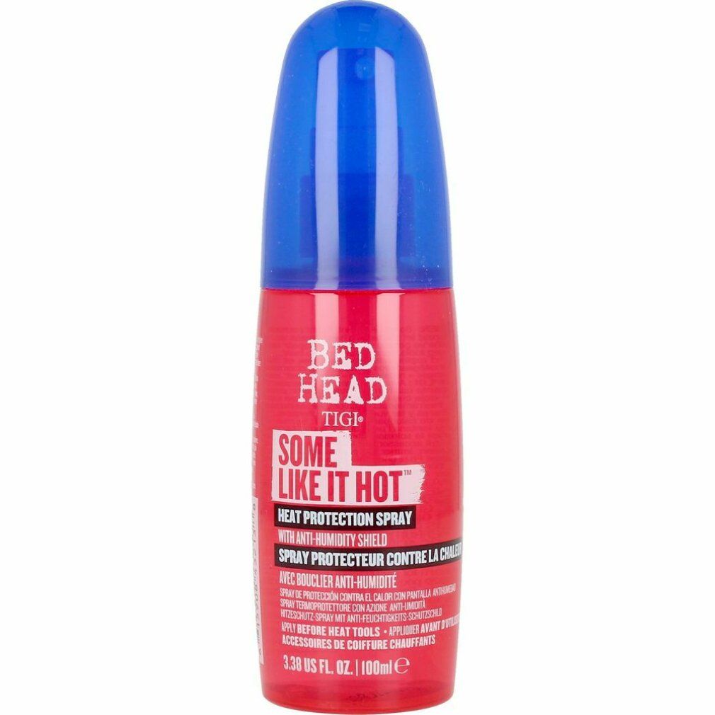 Rote Sprühflasche mit blauem Deckel. Aufschrift: Bed Head Some Like It Hot Heat Protection Spray.