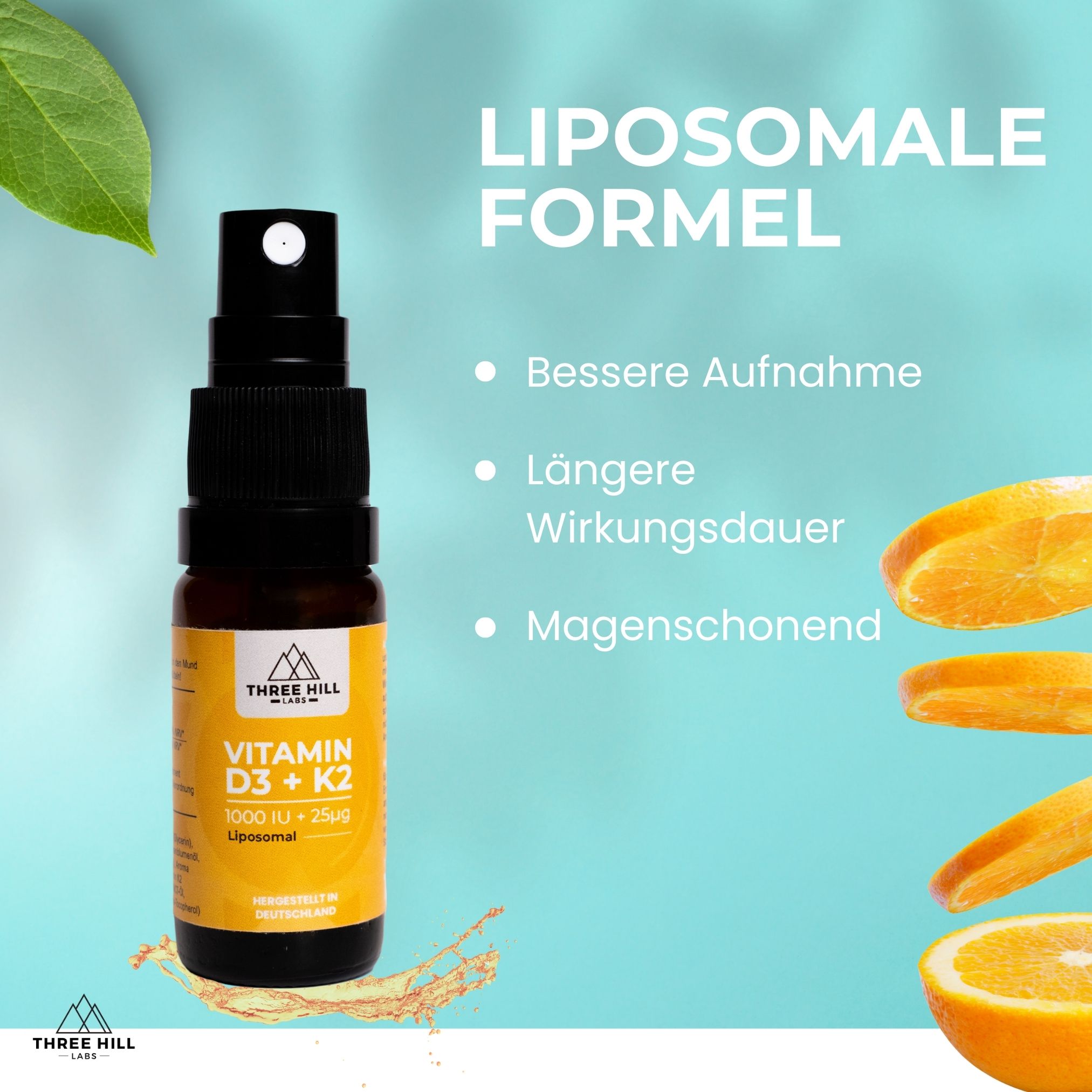 Braune Sprühflasche mit gelbem Etikett. Text: Liposomale Formel. Vorteile: Bessere Aufnahme, längere Wirkungsdauer, magenschonend.