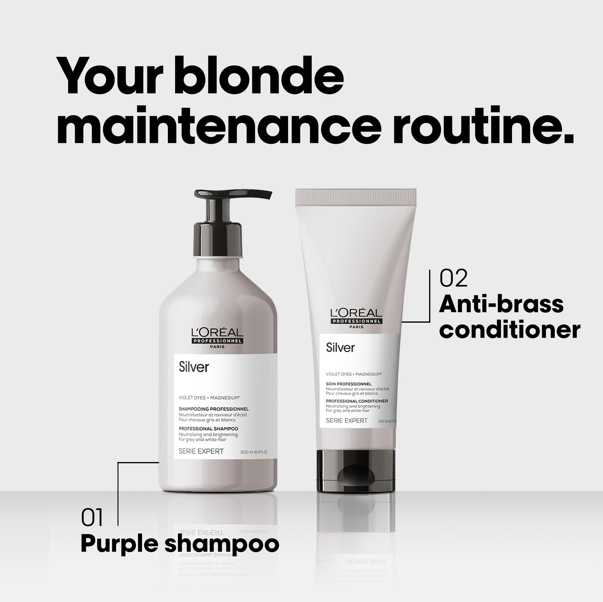 Zwei Produkte: L'Oréal Silver Shampoo und Anti-Gelbstich-Conditioner. Beide in silbernen Flaschen und Tuben.