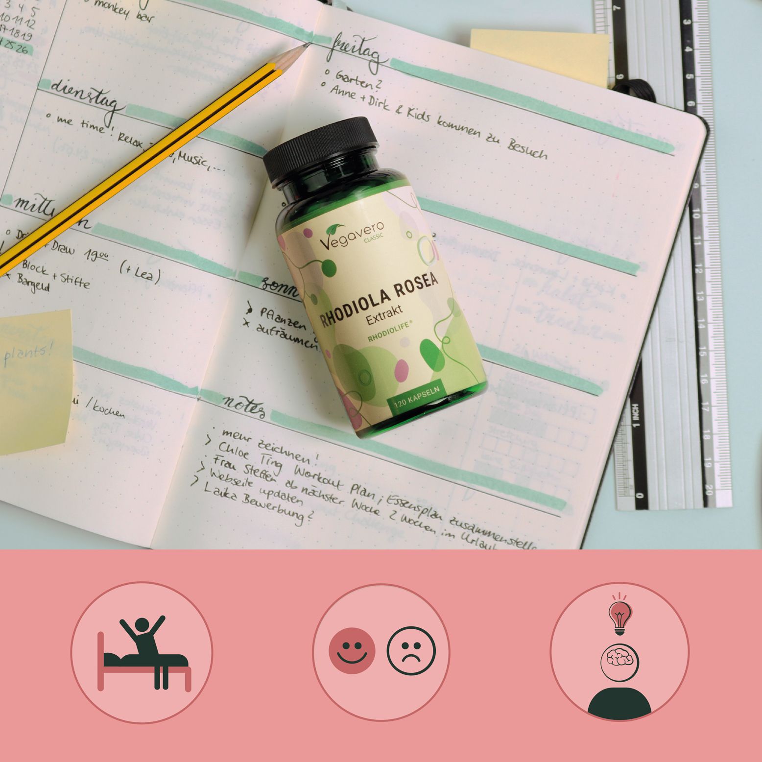 Produktflasche auf einem Notizbuch. Aufschrift: Rhodiola Rosea Extrakt, 120 Kapseln. Notizen und Icons im Hintergrund.