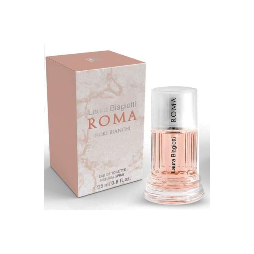 Parfümflakon neben rosa Verpackung. Flakon mit transparentem Deckel. Aufschrift "ROMA" und "Laura Biagiotti". Verpackung mit Text.