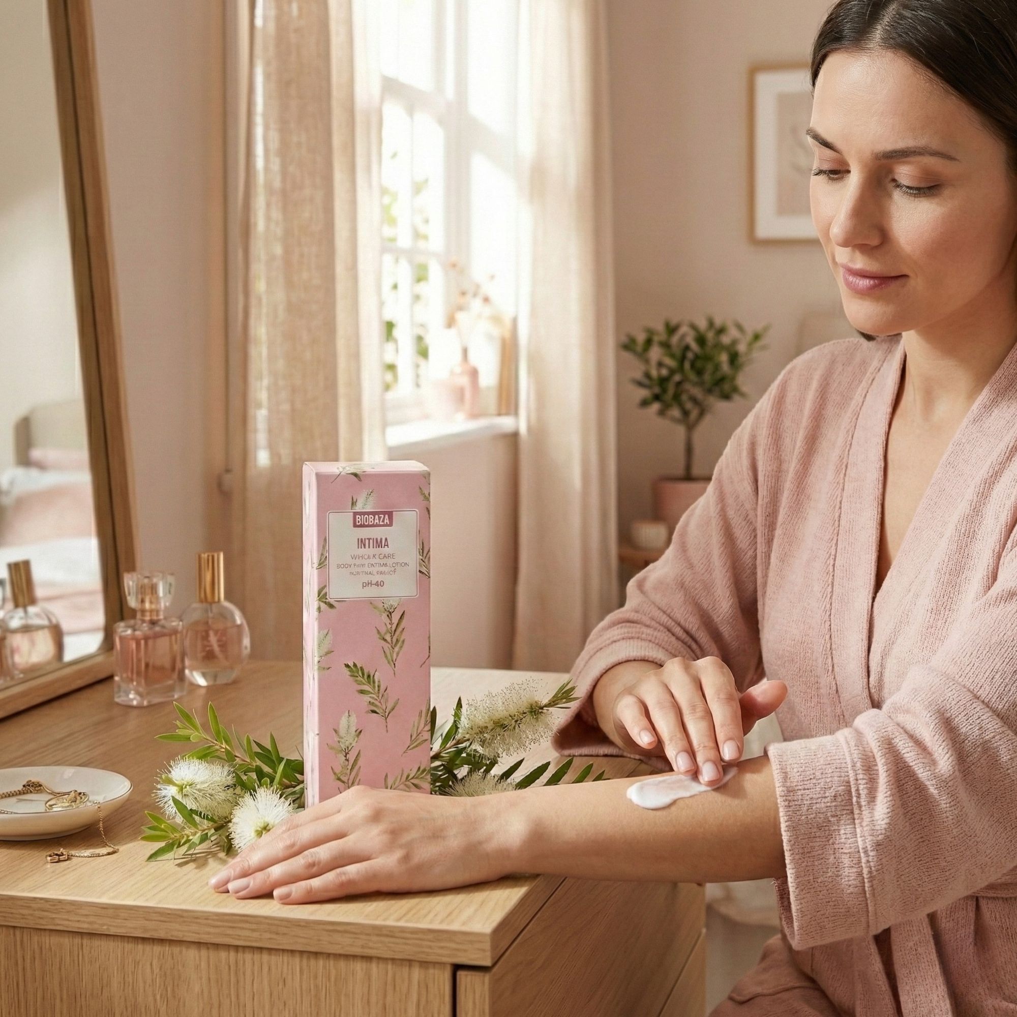 Frau im Bademantel. Auf einem Tisch steht die rosa Verpackung mit floralem Muster. Frau trägt Creme auf. Im Hintergrund Spiegel und Parfümflaschen.