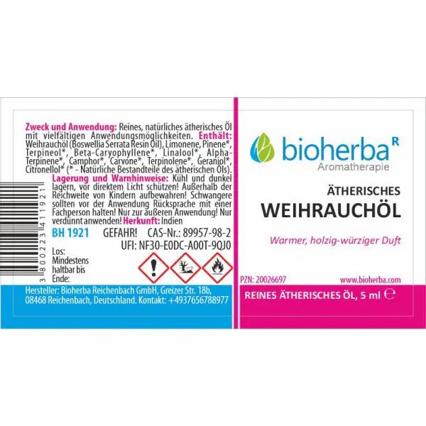 Etikett mit Produktinformationen. Text: Bioherba Ätherisches Weihrauchöl, 5 ml. Herstelleradresse und Warnhinweise.