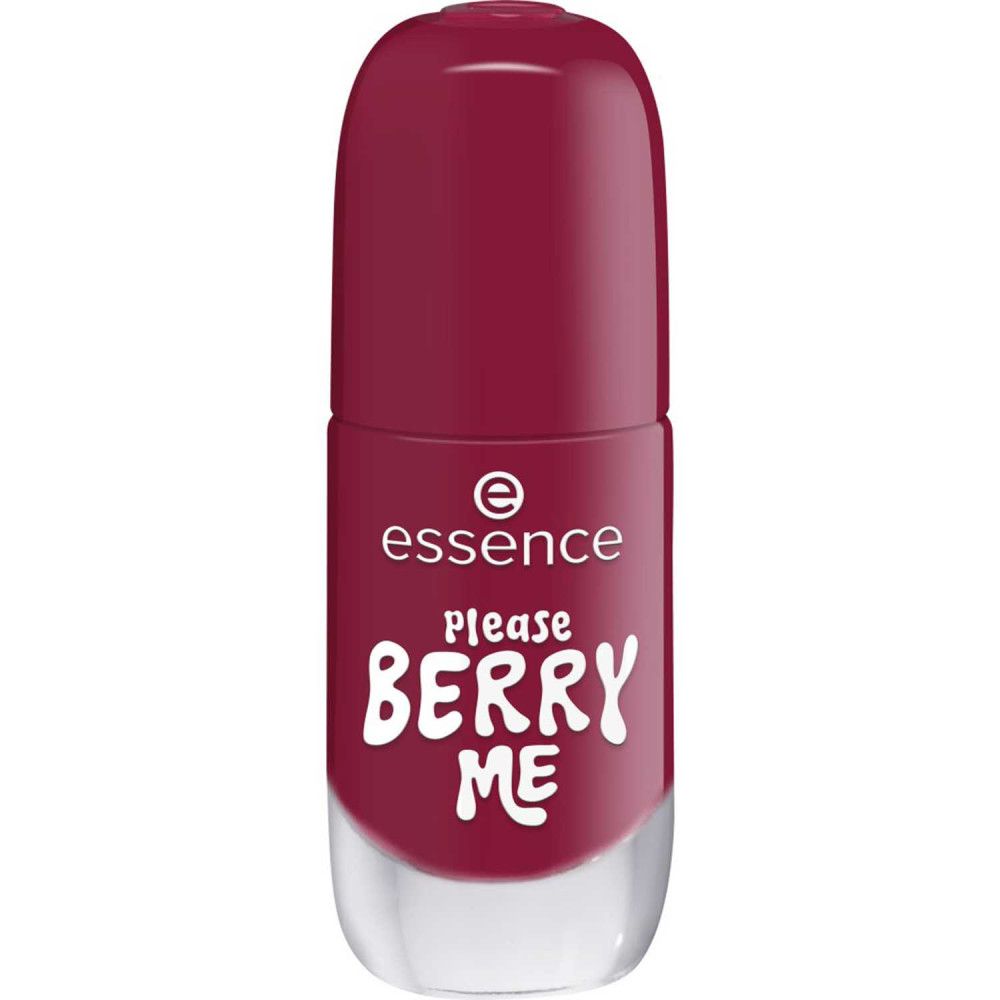 Nagellackflasche mit geschlossenem Deckel. Aufschrift "essence" und "PLEASE BERRY ME".