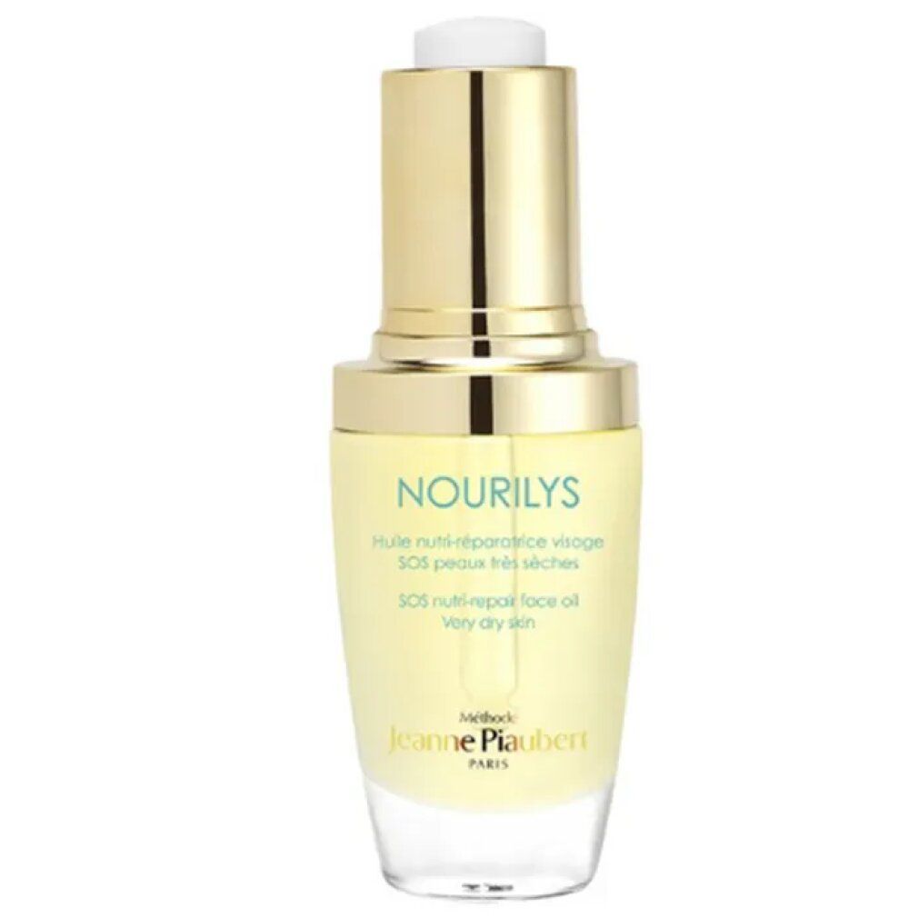 Gesichtsölflasche mit goldfarbenem Deckel und Pipette. Aufschrift: NOURILYS, SOS Nutri-Repair, Jeanne Piaubert.