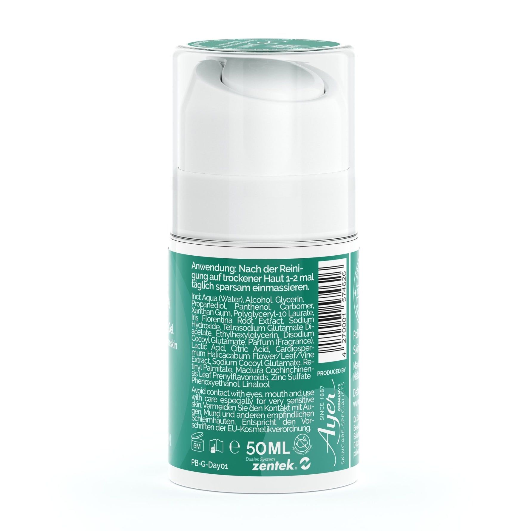 Pobeau Butt Blemish Balancing Gel. Rückseite. Grünes Etikett mit Text und Inhaltsstoffen. 50ml. Hersteller: Ayer.