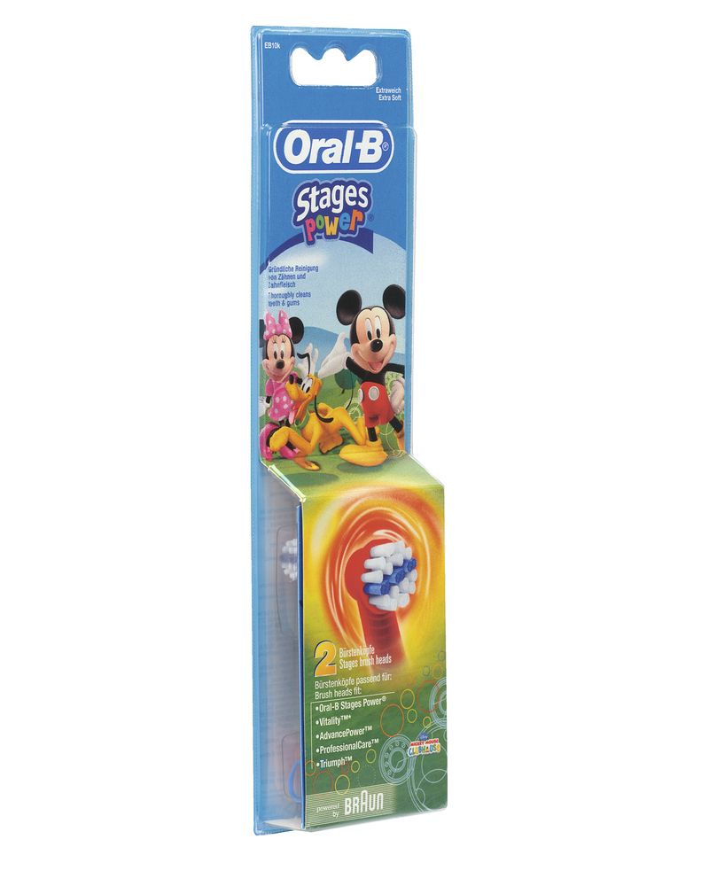 Verpackung mit zwei Aufsteckbürsten. Oben: Oral-B Stages Power, Mickey Mouse-Illustrationen. Unten: 2 Bürstenköpfe.