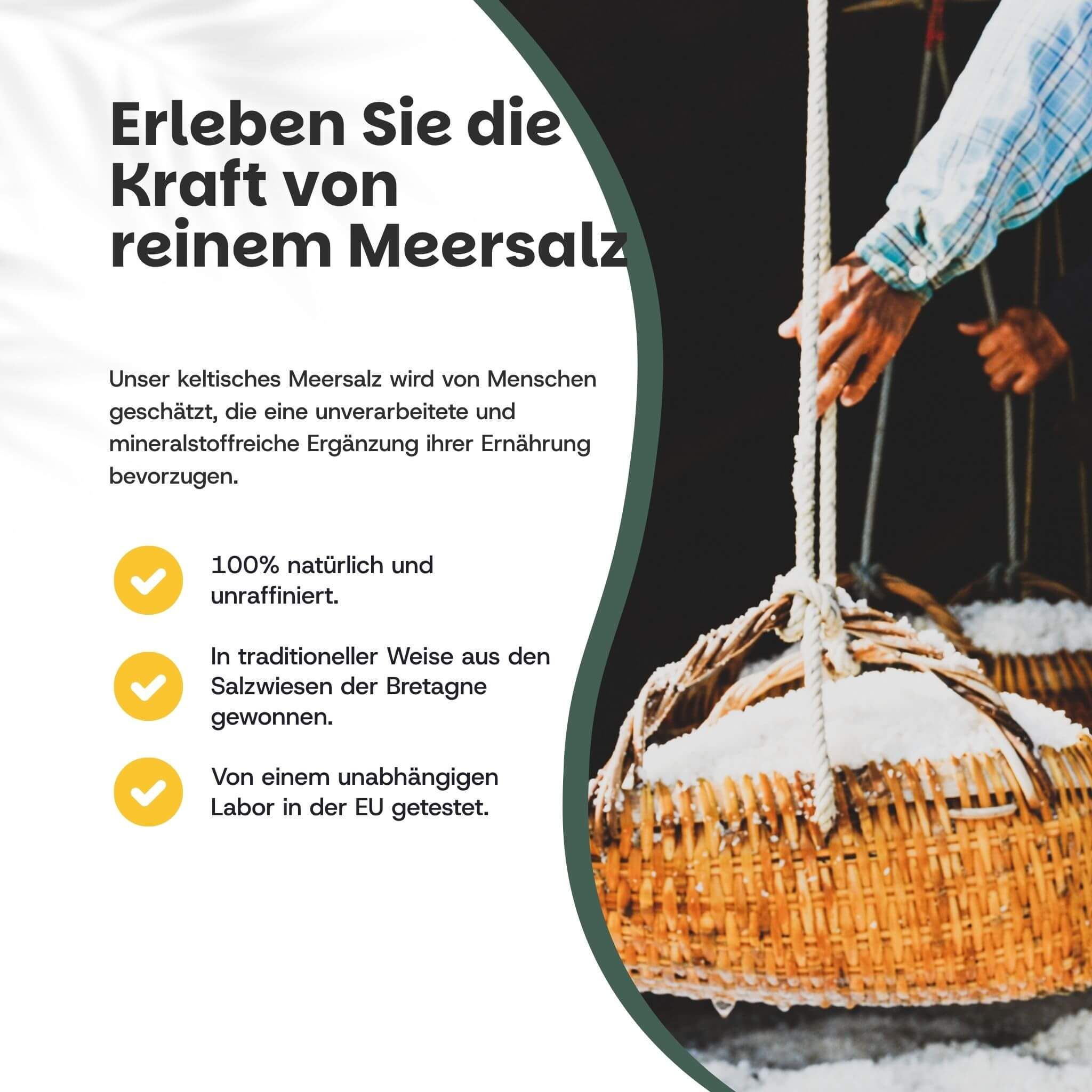 Keltisches Meersalz wird in Körben geerntet. 100% natürlich und unraffiniert. Aus den Salzmarschen der Bretagne.