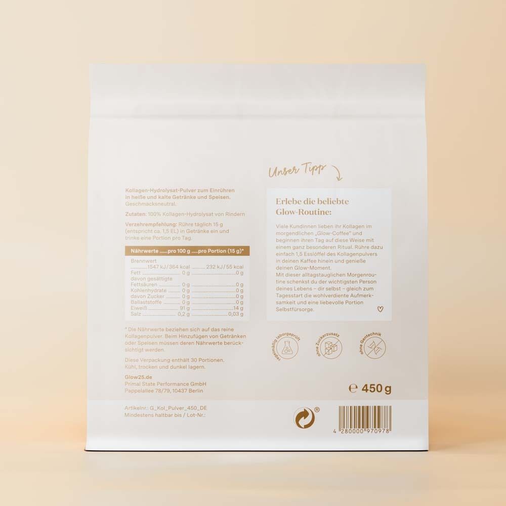 Beutel mit Glow25 Kollagen Pulver. Rückseite mit Nährwertangaben, Text und Logos. 450 g.