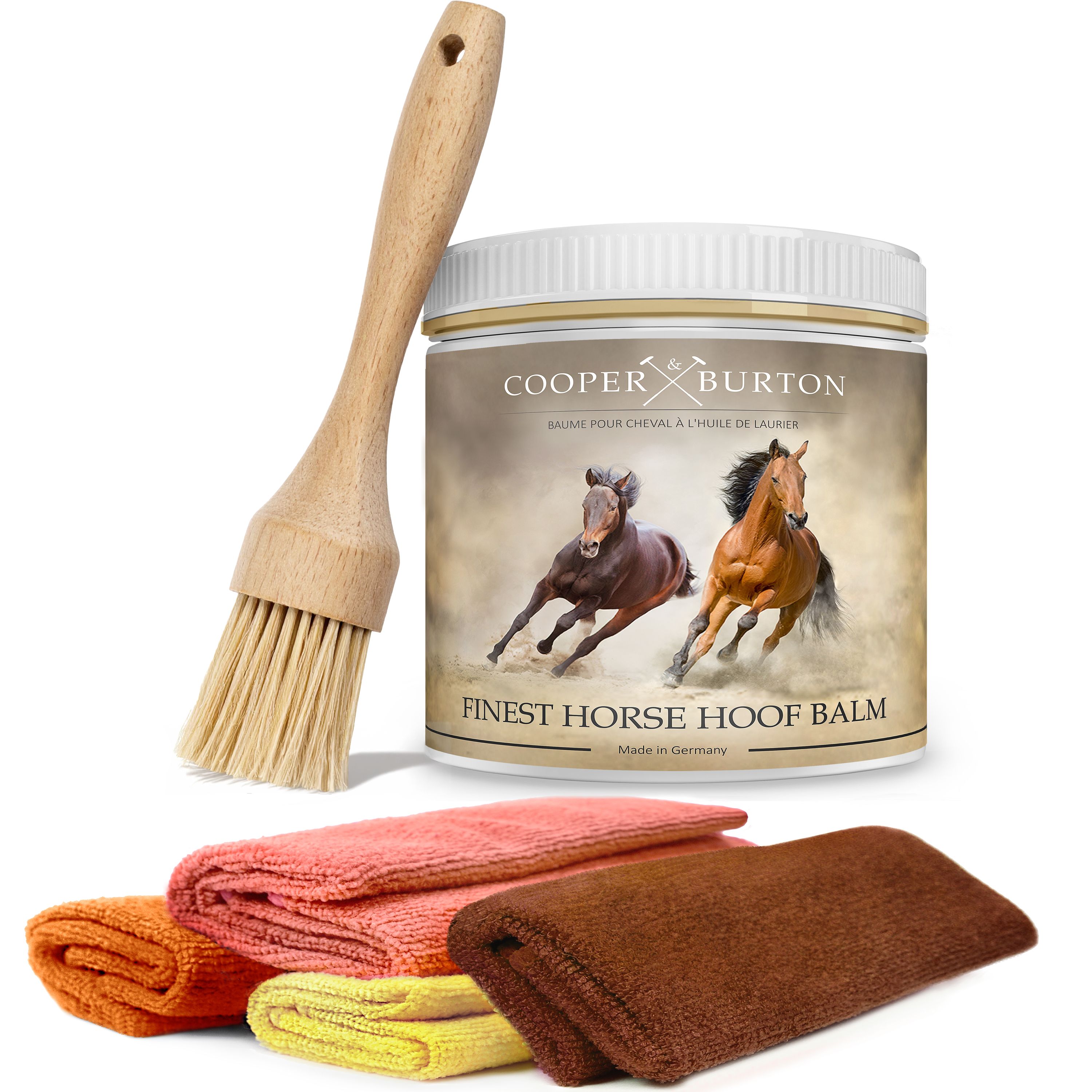 Produktbehälter, Pinsel und Mikrofasertücher. Logo: COOPER & BURTON. Finest Horse Hoof Balm.