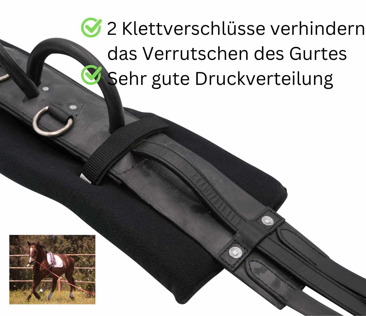 Schwarze Unterlage mit Gurten und Klettverschlüssen. Kleines Bild eines Pferdes.
