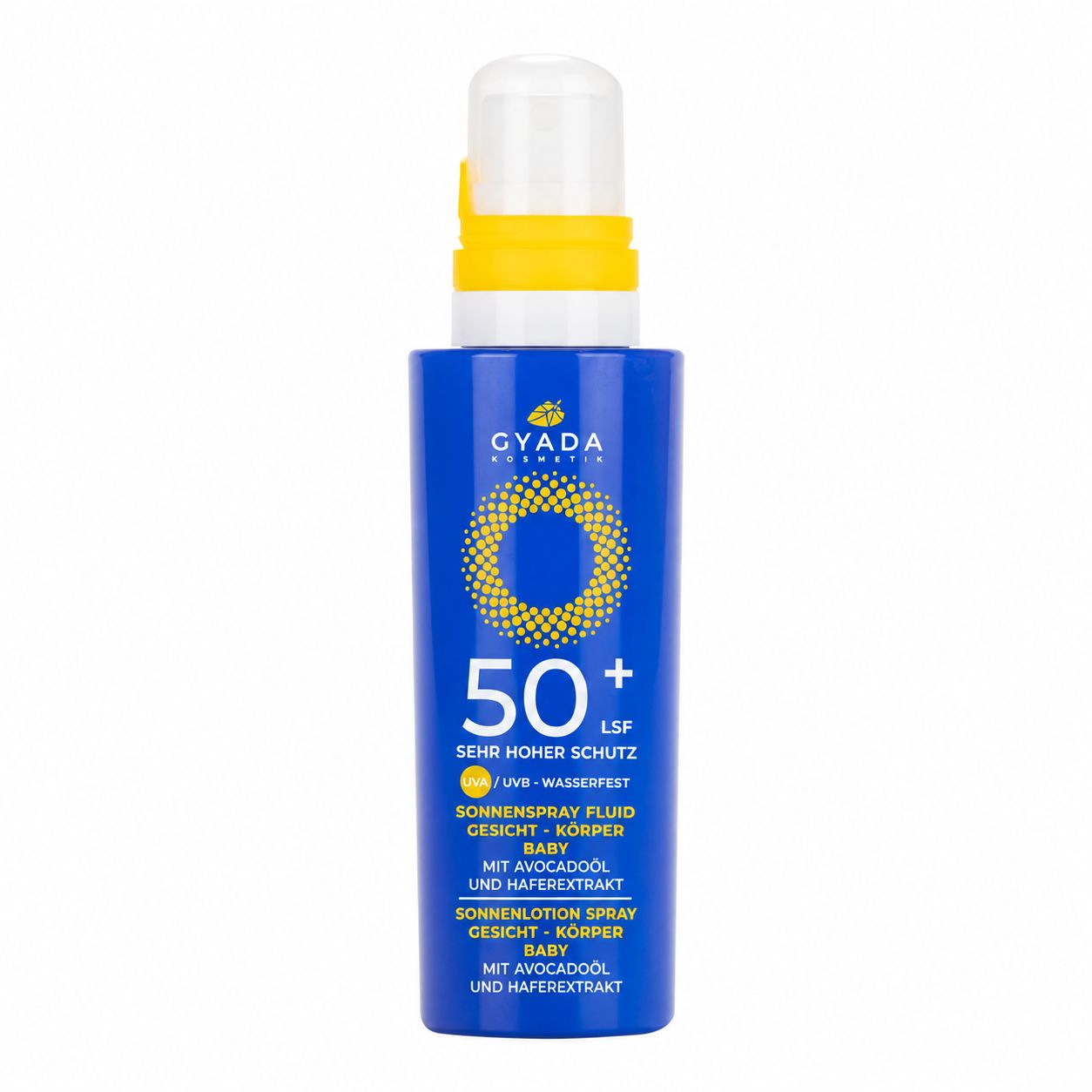 Gyada Cosmetics Sonnenspray Fluid LSF 50+, für Gesicht, Körper und Baby.