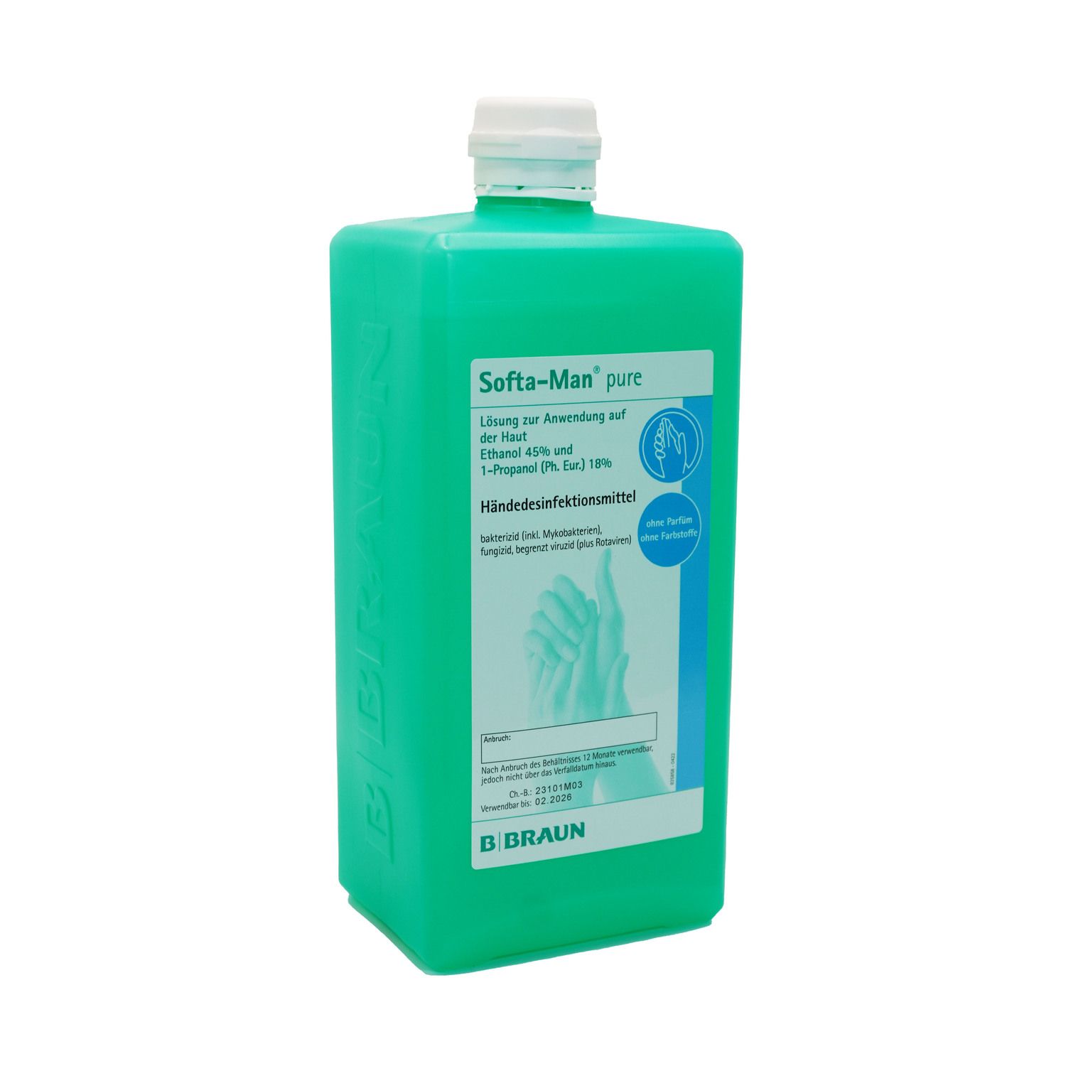 Grüne Flasche mit weißem Verschluss. Aufschrift: Softa-Man pure. Händedesinfektionsmittel. B. Braun Logo.