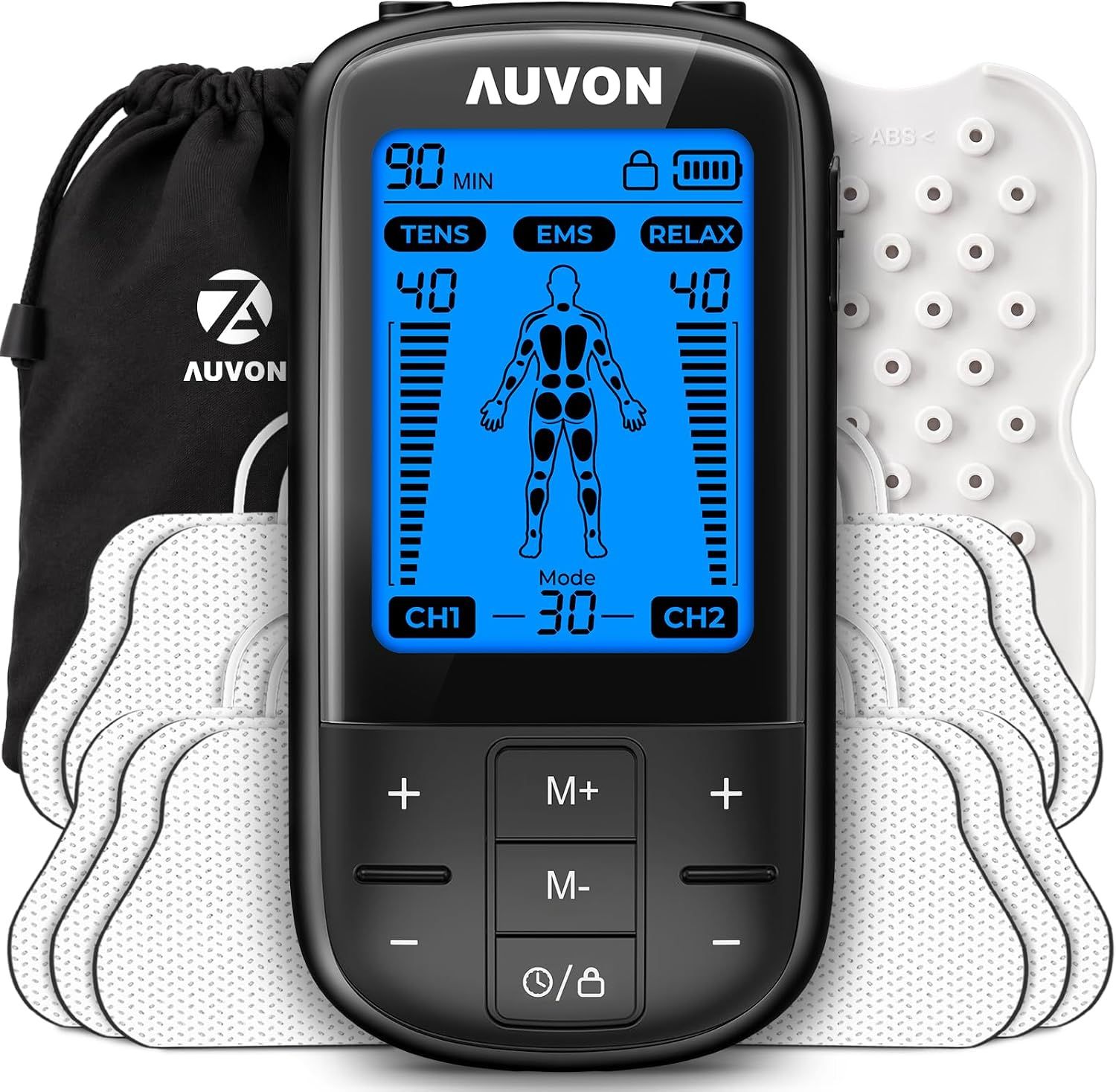 AUVON TENS EMS Gerät mit blauem Display, Zubehör und Aufbewahrungsbeutel.