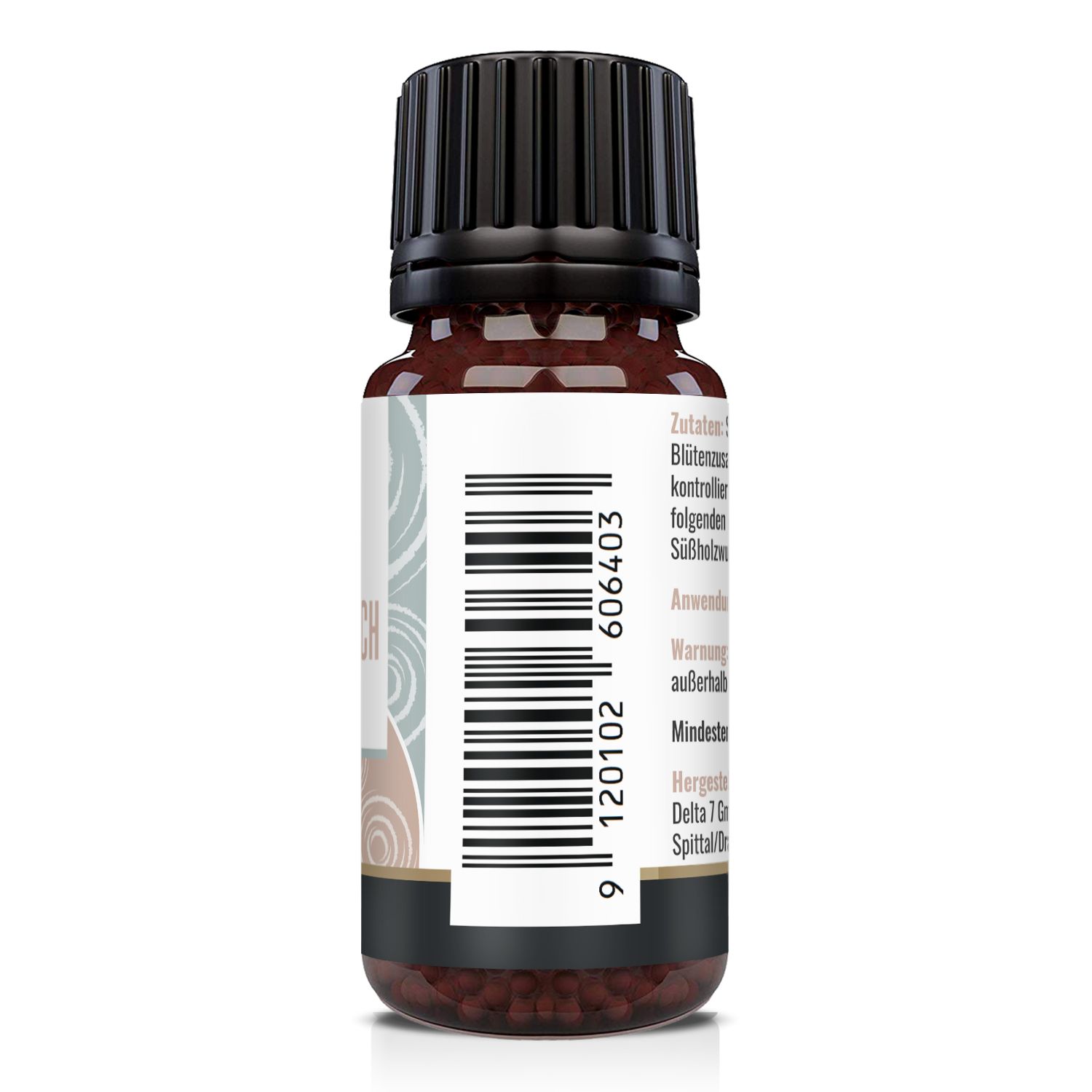 Braune Glasflasche mit schwarzem Deckel. Etikett mit Barcode und Herstellerinformationen.