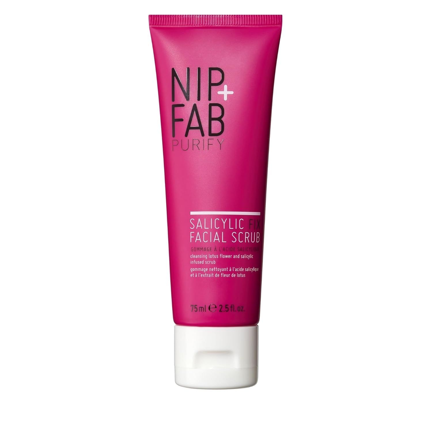 Rosa Tube mit weißem Deckel. Aufschrift: NIP+FAB, PURIFY, SALICYLIC FIX FACIAL SCRUB. 75ml.